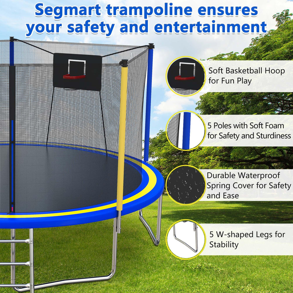 14ft Trampoline with Basketball Hoop, SEGMART Upgraded Round Kids Outdoor Trampoline with Enclosure, Heavy-Duty Backyard Trampoline for Adults and Kids, Blue