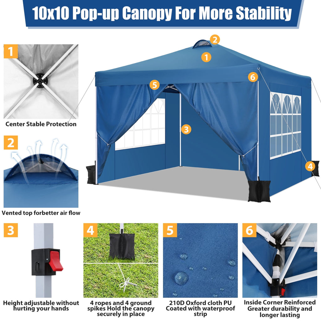 10'x10' EZ Pop Up Canopy with Top Vent, Large Commercial Tent, Waterproof and Sunproof with 4 Removable Sidewalls, Suitable for Weddings come with 4 Sandbags (Black)