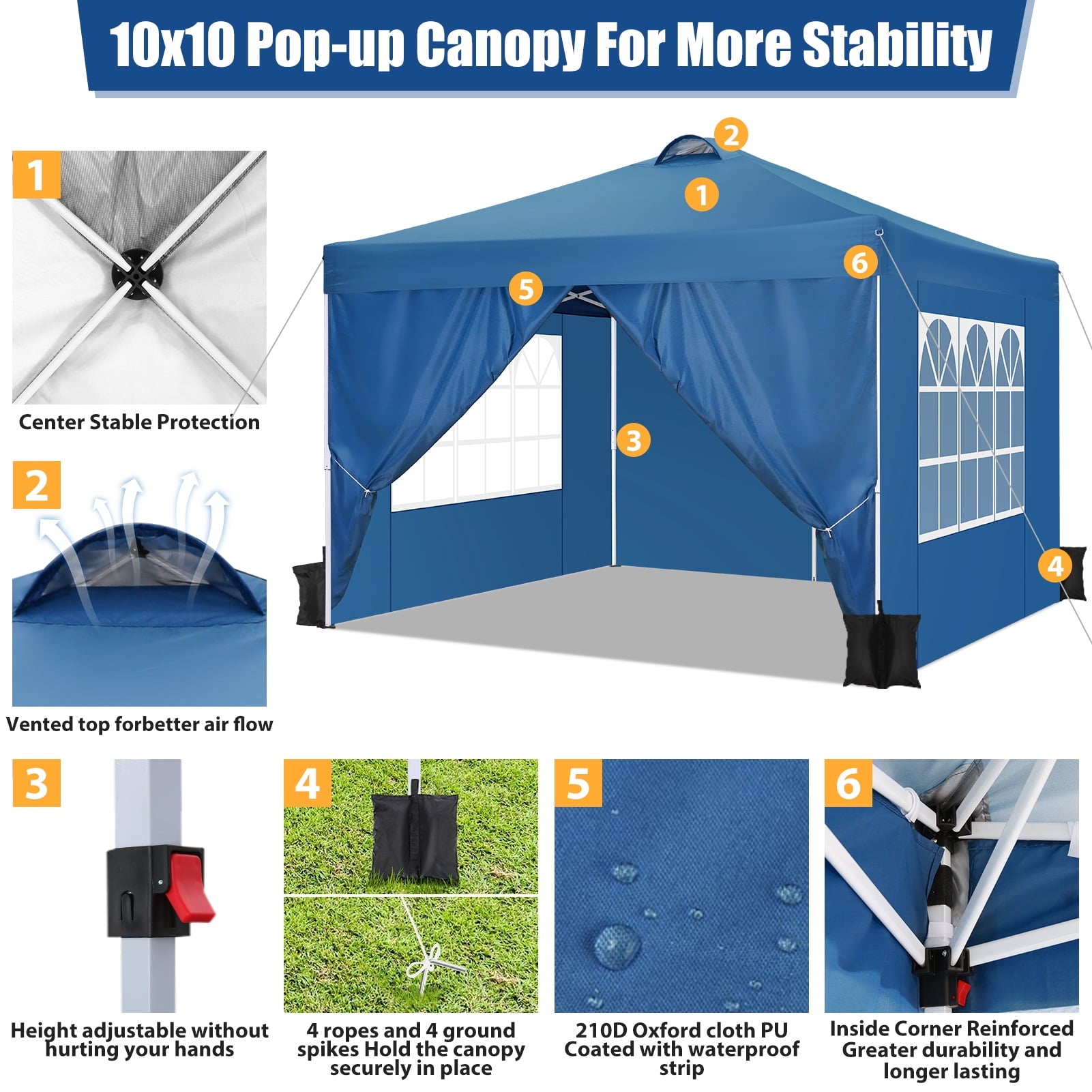 10'x10' EZ Pop Up Canopy with Top Vent, Large Commercial Tent, Waterproof and Sunproof with 4 Removable Sidewalls, Suitable for Weddings come with 4 Sandbags (Black)