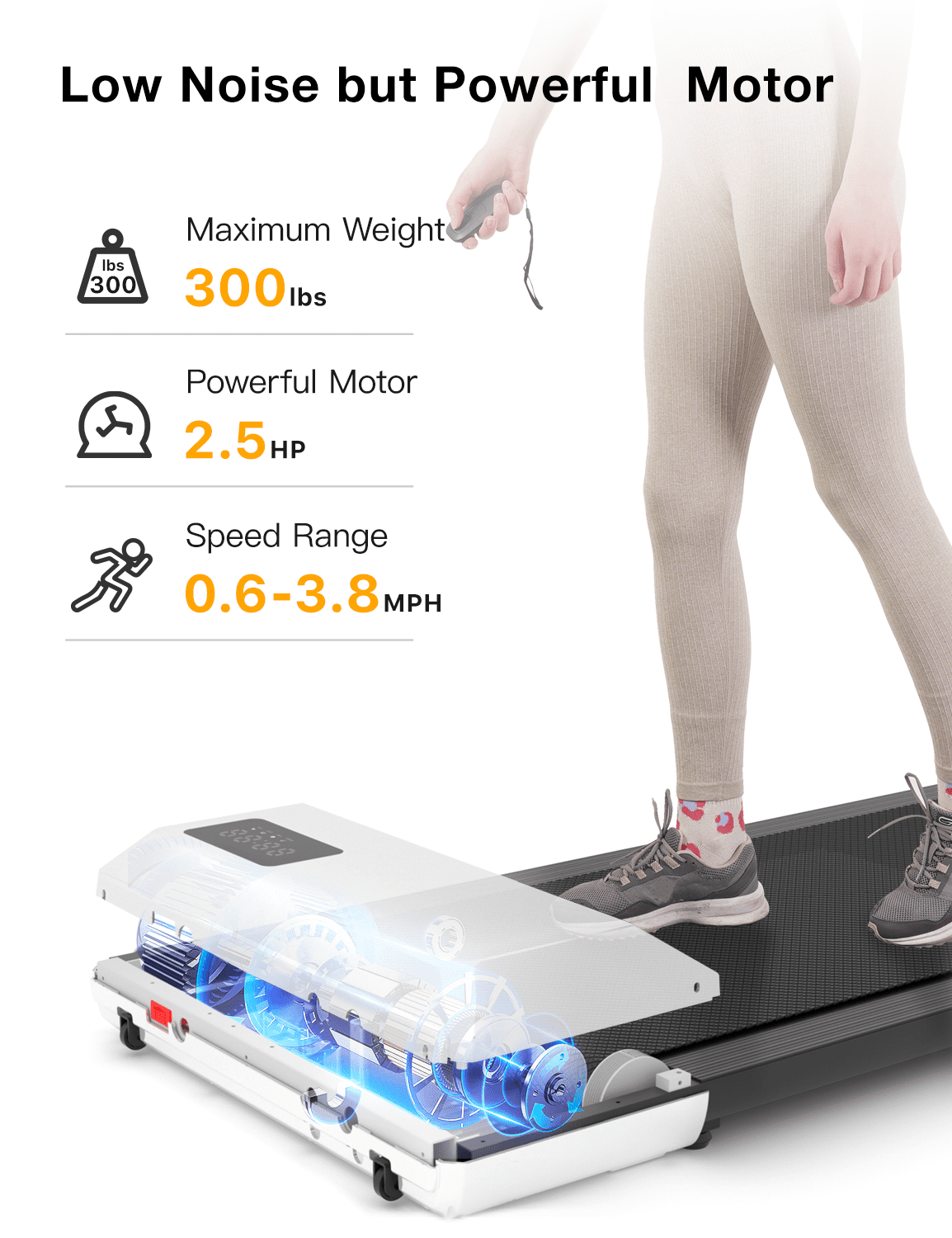 2.5Hp Walking Pad, 35.5*15.5 Walking Area 2 in 1 Under Desk Treadmill,300lb Walking Treadmill with Remote Control and LED Display, Quiet, Compact & Small Treadmill for Home & Office (White)