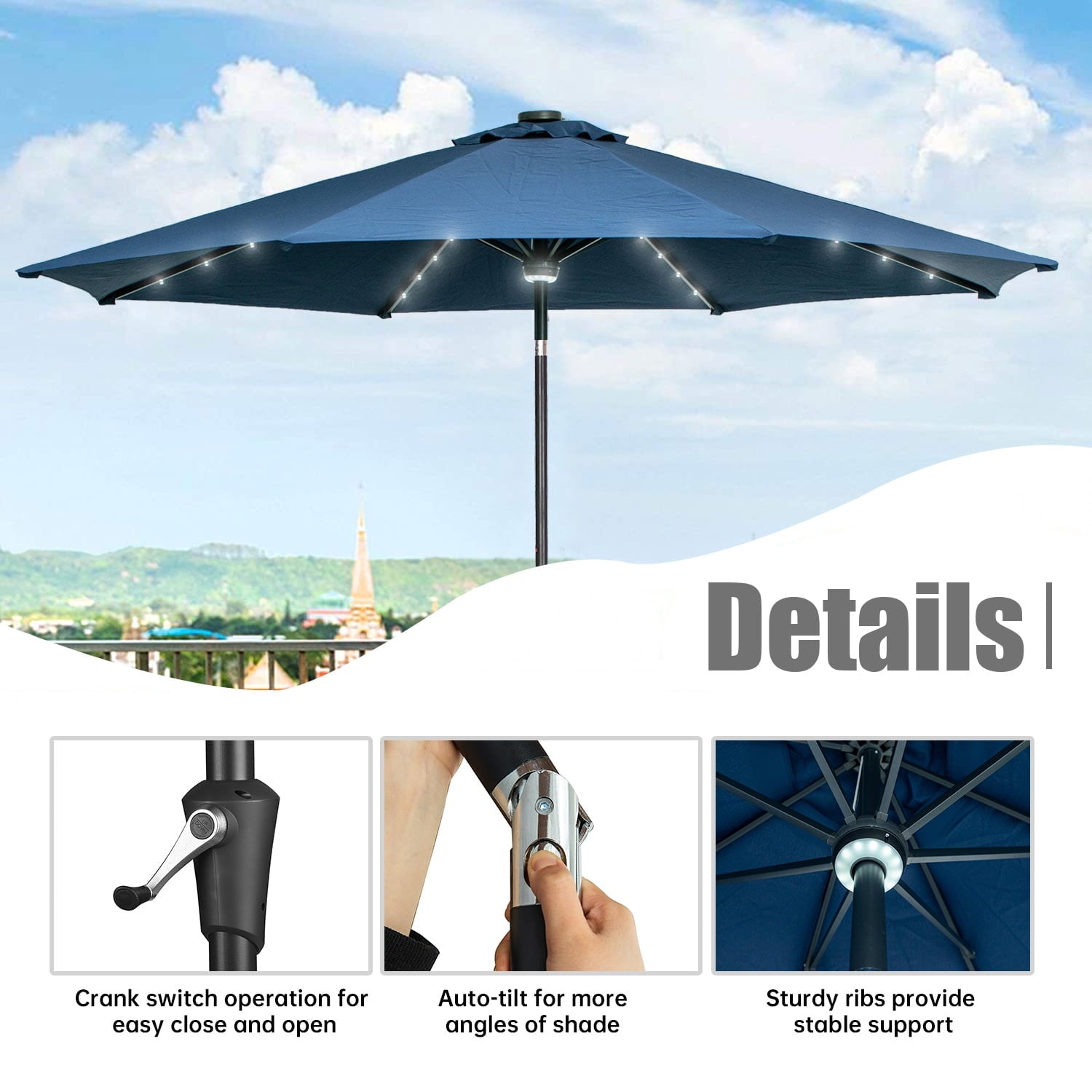Autlaycil 10 ft Solar Patio Umbrellas with 40 LED lights for Market Outdoor Pool, Steel Tilt Crank, Navy Blue