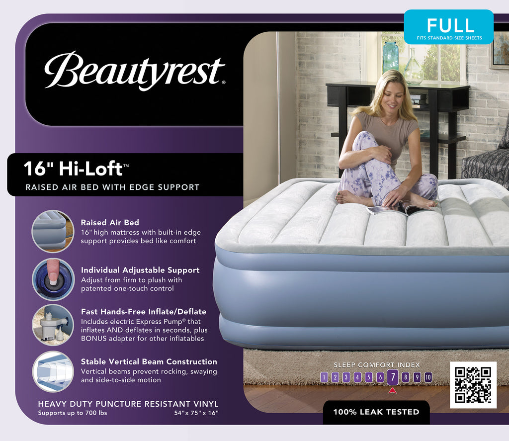 Beautyrest Hi Loft 17" Queen Air Bed Mattress, Raised Inflatable Blow-Up Bed, Powerful Pump, Adjustable Firmness