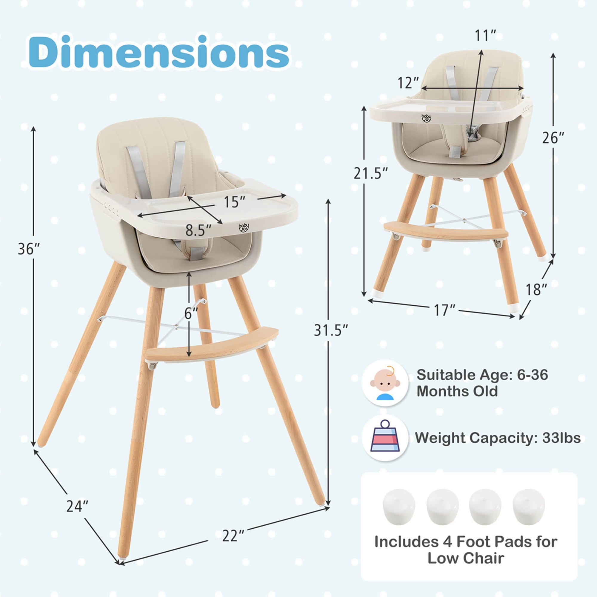 Babyjoy 3 in 1 Convertible Wooden High Chair Toddler Feeding Chair with Cushion Beige