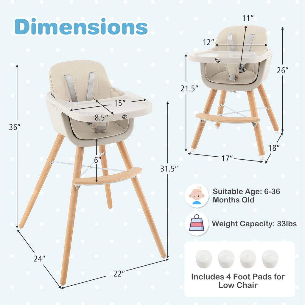 Babyjoy 3 in 1 Convertible Wooden High Chair Baby Toddler Highchair w/ Cushion Beige