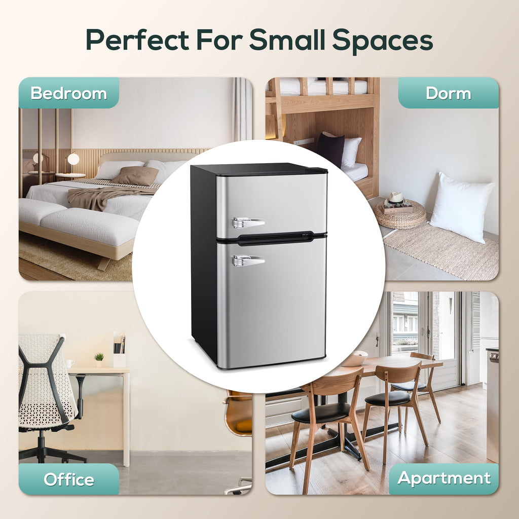 Auseo 3.1 Cu.Ft Double Door Mini Fridge with Freezer, Compact Retro Refrigerator for Dorm, Office, Bar, Bedroom, Black