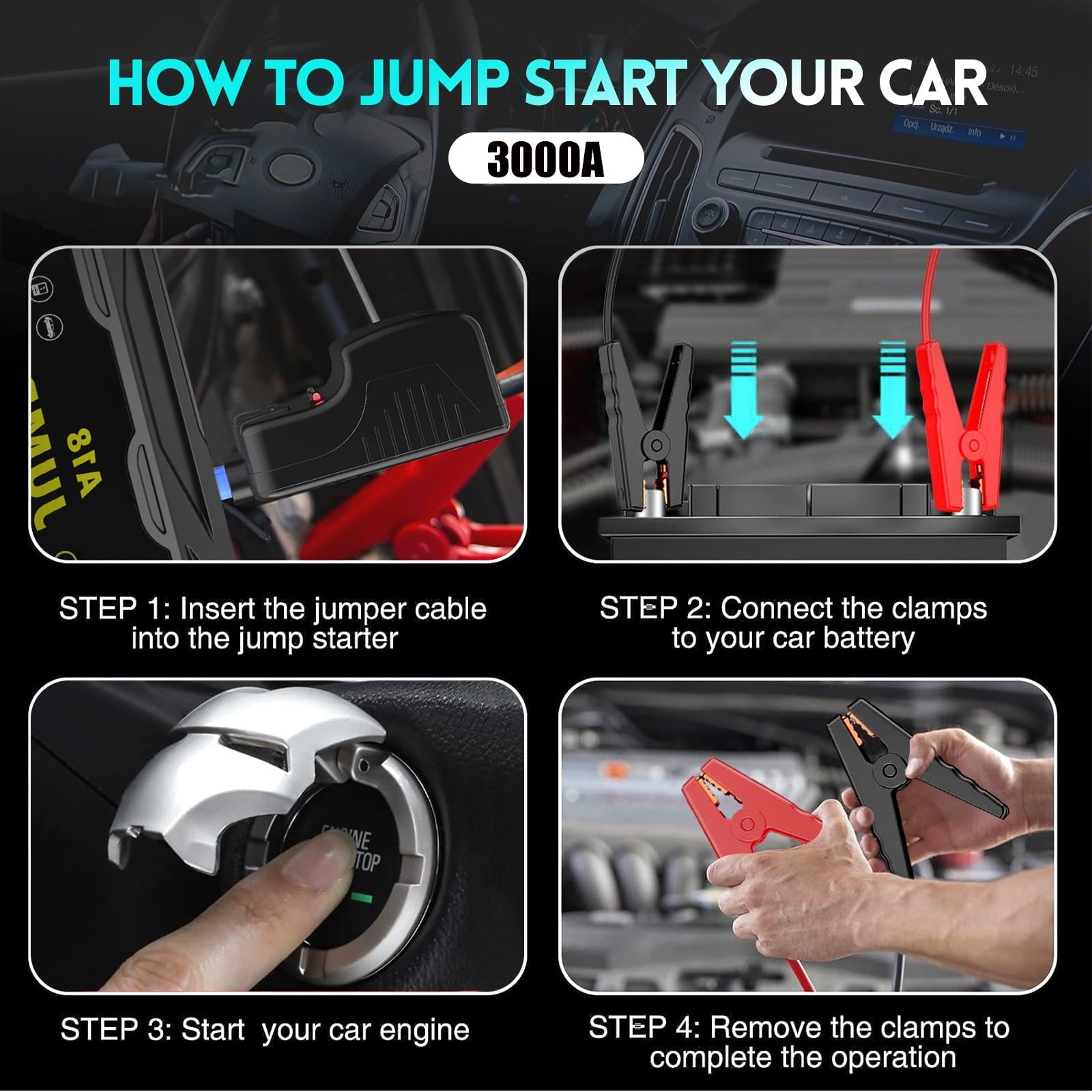 ABSOKE Car Battery Jump Starter, 3000A Peak 20000mAh Battery Booster, Fast Charger 12V Jumper Cables for 8.0L Gasoline & 6.0L Diesel Engines