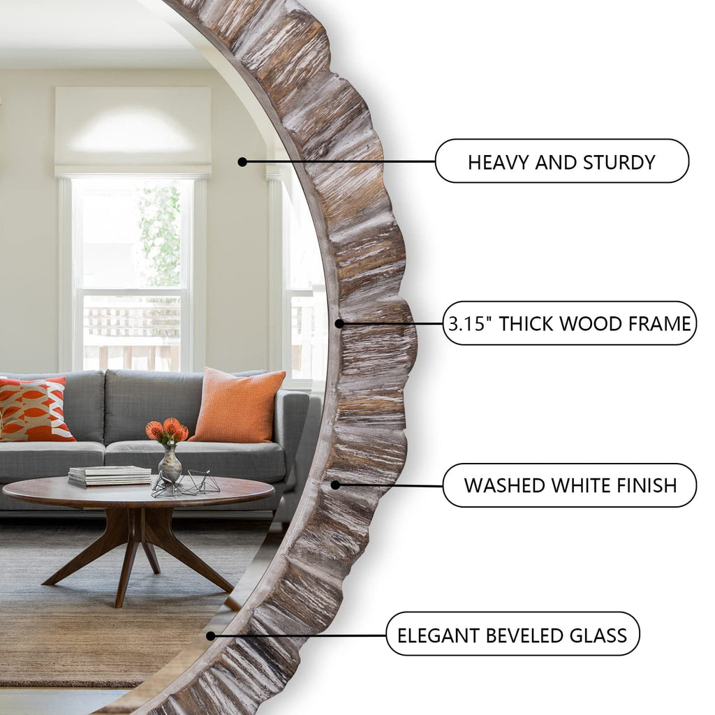 35" Wood Round Mirror, Rustic Wall Mirror with Thick Frame, Large Round Mirror for Wall Decor, Wooden Circle Beveled Mirror for Entryway, Farmhouse, Washed White