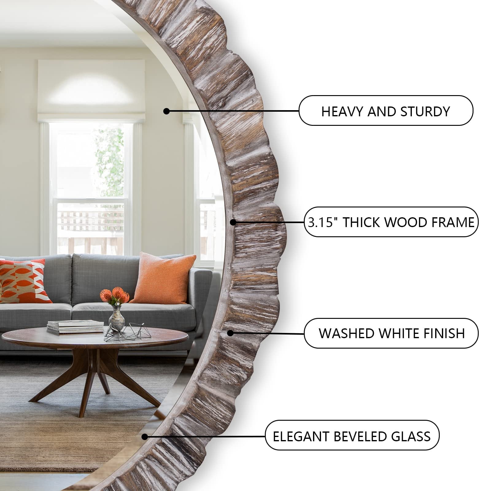 35" Wood Round Mirror, Rustic Wall Mirror with Thick Frame, Large Round Mirror for Wall Decor, Wooden Circle Beveled Mirror for Entryway, Farmhouse, Washed White
