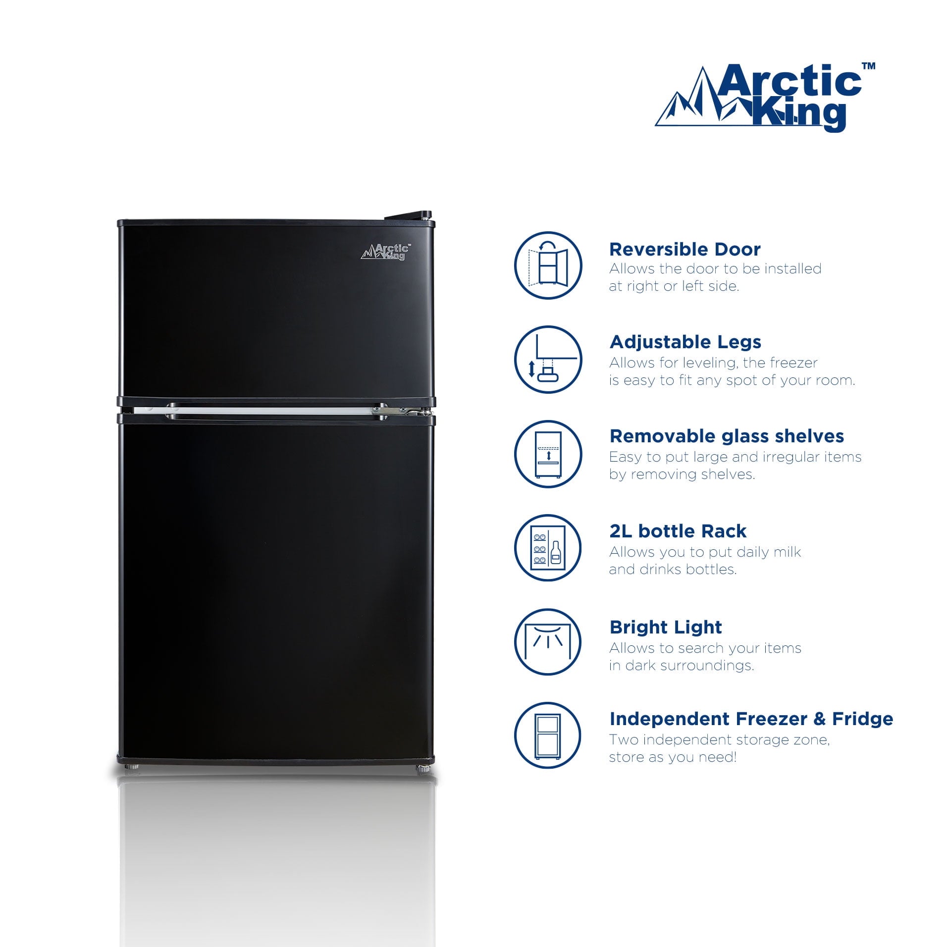 Arctic King 3.2 Cu ft Two Door Mini Fridge with Freezer, Black, E-Star, ARM32D5ABB