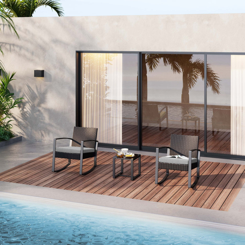 3 Piece Patio Bistro Set, Outdoor Furniture Rocking Chair Set with Glass Table, Beige Cushion