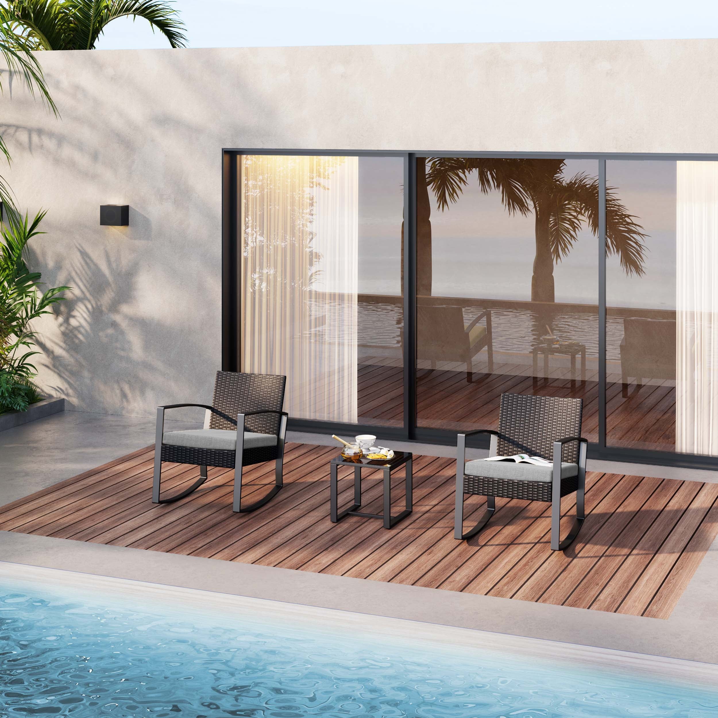 3 Piece Patio Bistro Set, Outdoor Furniture Rocking Chair Set with Glass Table, Beige Cushion