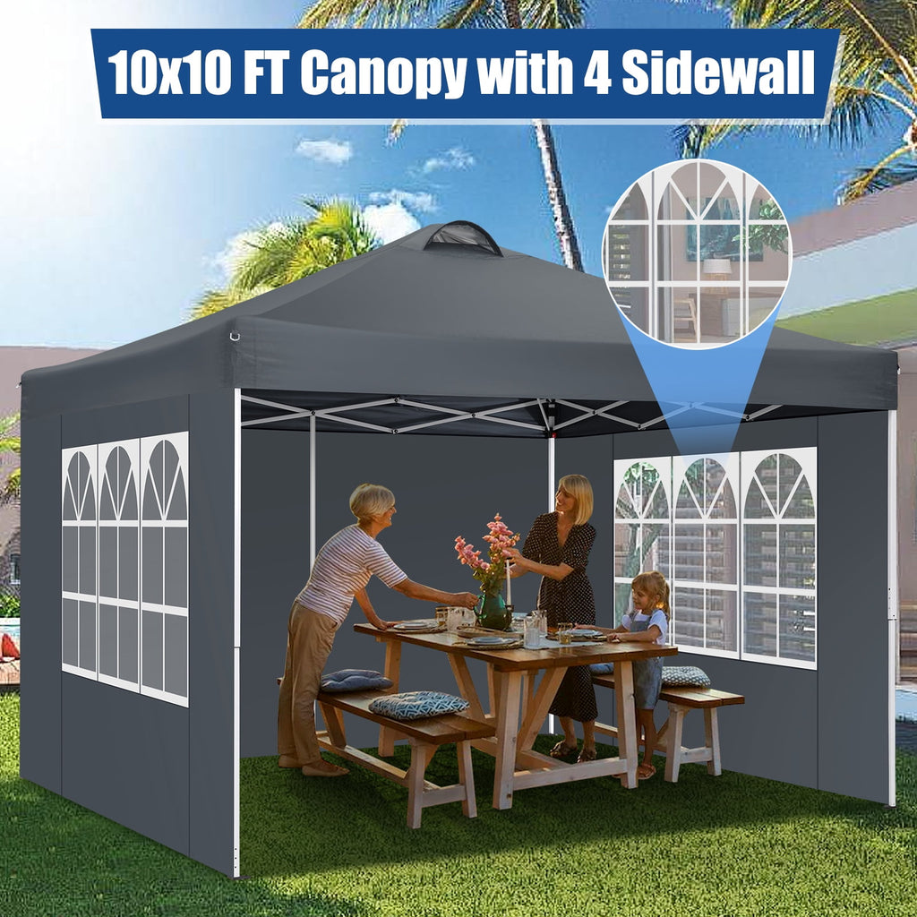 10'x10' EZ Pop Up Canopy with Top Vent, Large Commercial Tent, Waterproof and Sunproof with 4 Removable Sidewalls, Suitable for Weddings come with 4 Sandbags (Black)