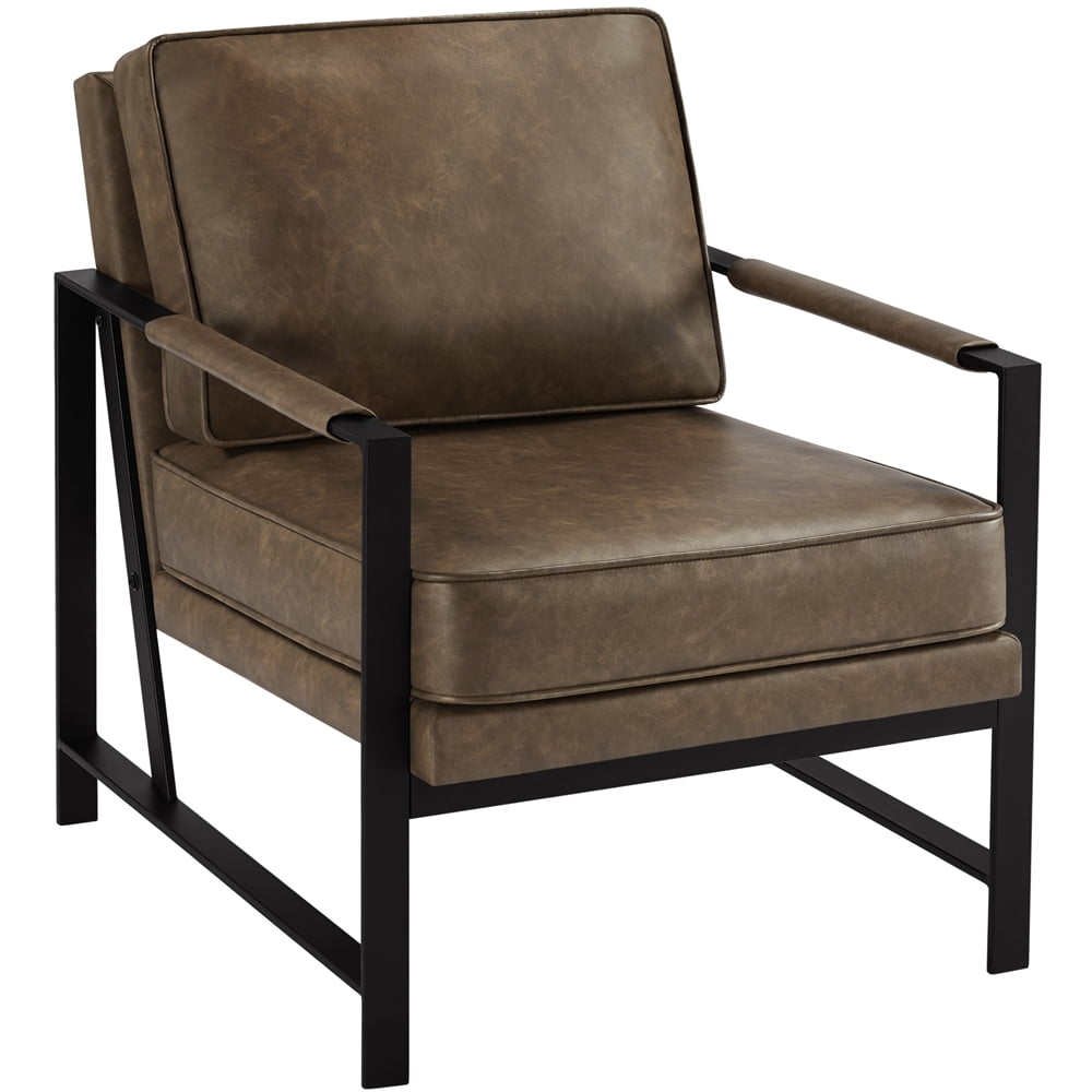 Alden Design Mid-Century Modern Accent Chair with Metal Frame, Brown Faux Leather
