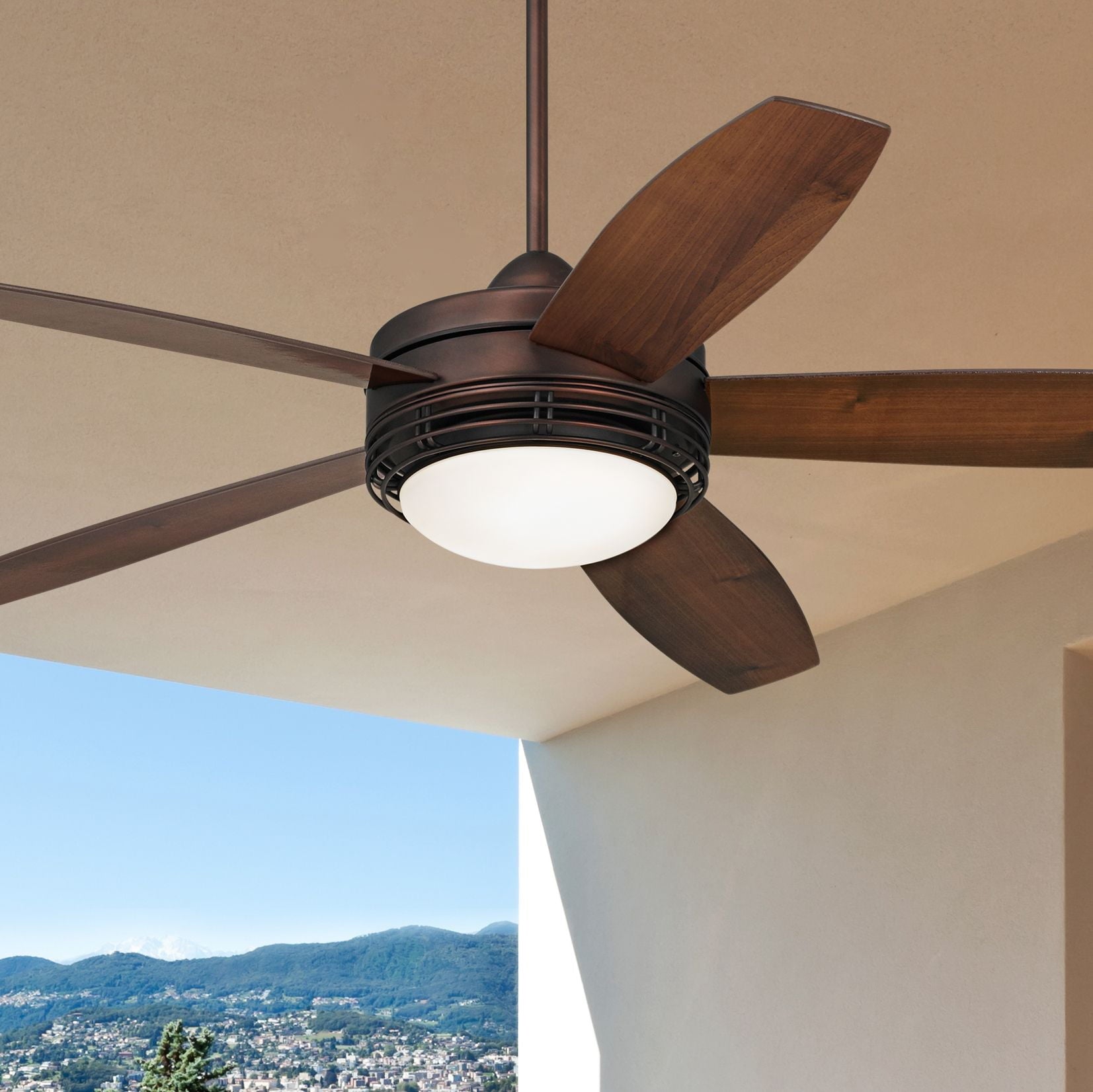 60" Casa Vieja Province Modern Indoor Outdoor Ceiling Fan with Light LED Remote Oil Brushed Bronze Dark Walnut Opal Glass Damp Rated for Patio House