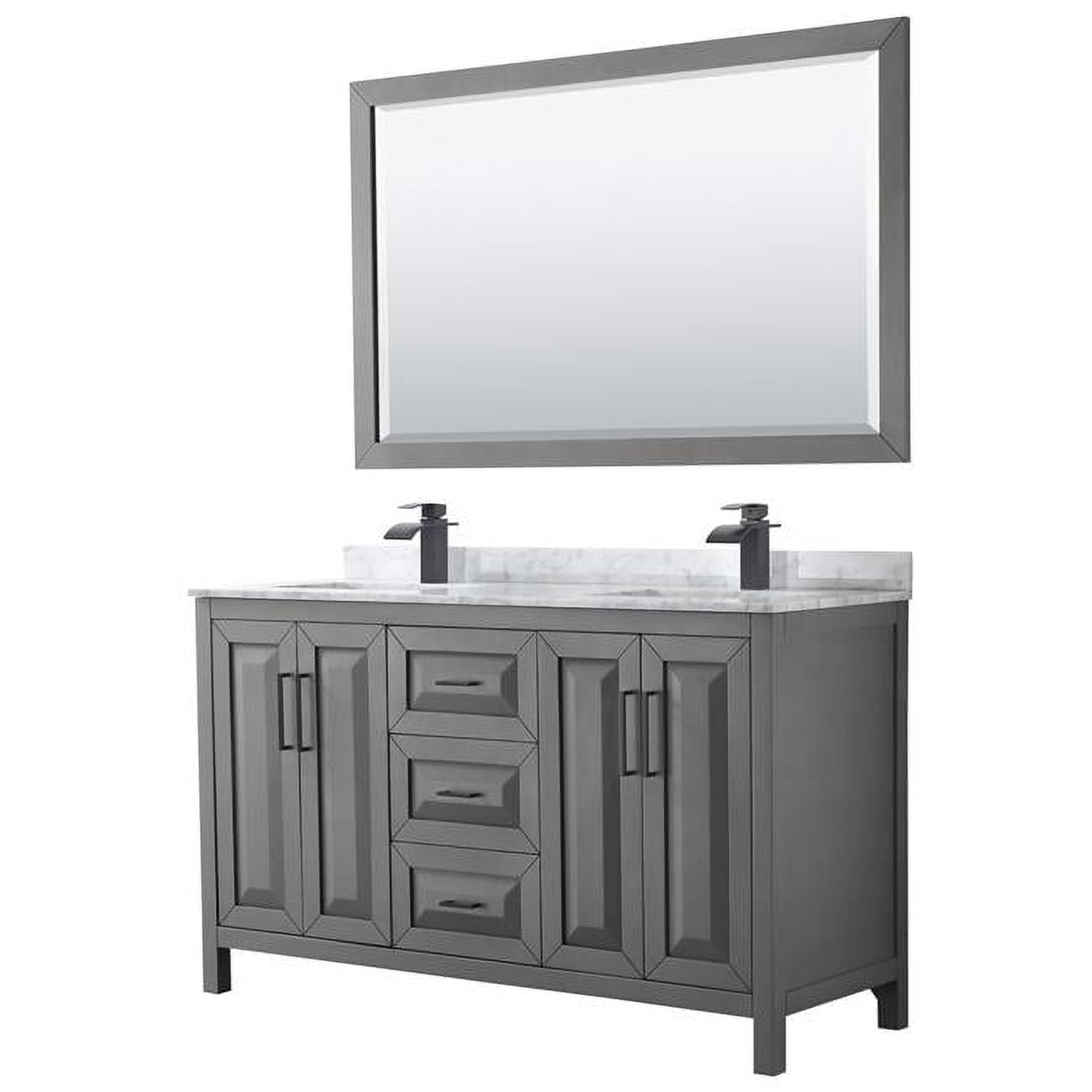 60 in. Daria Double Bathroom Vanity with White Carrara Marble Countertop, Undermount Square Sinks, Matte Black Trim & 58 in. Mirror - Dark Gray