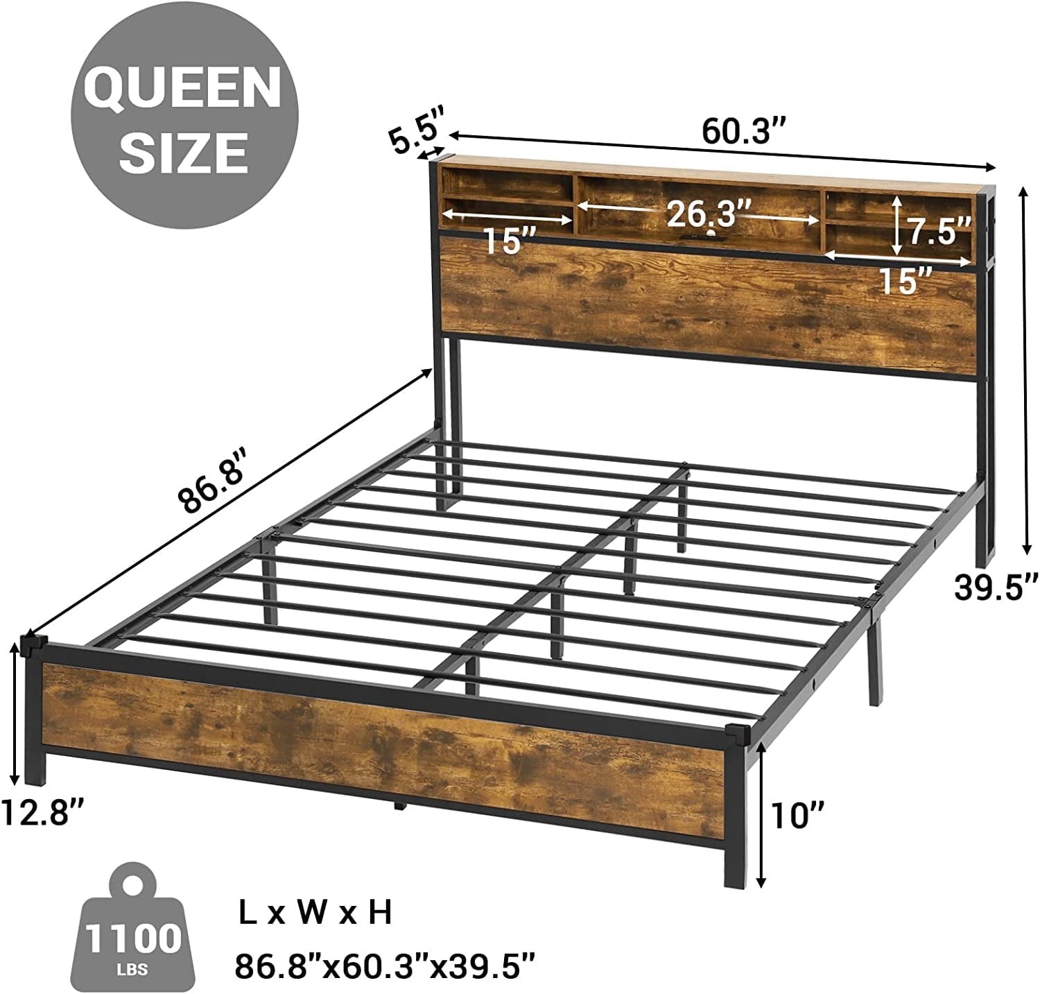 Afuhokles King Bed Frame with LED Lights Headboard, Metal Platform Bed with Outlets and USB Ports, Storage Headboard, Vintage Brown
