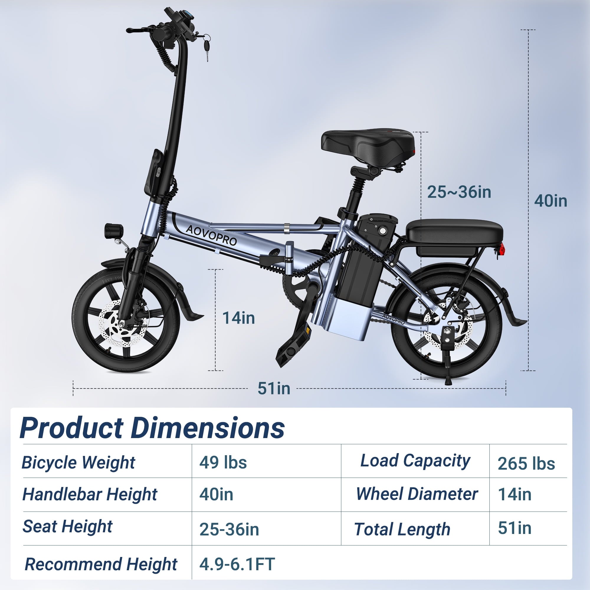 AOVOPRO EB60P Electric Bike 500W 48V 15.6Ah, 14' Mini Ebike for City Commuter, Folding Electric Bicycle for Adult with Two Seats UL2849