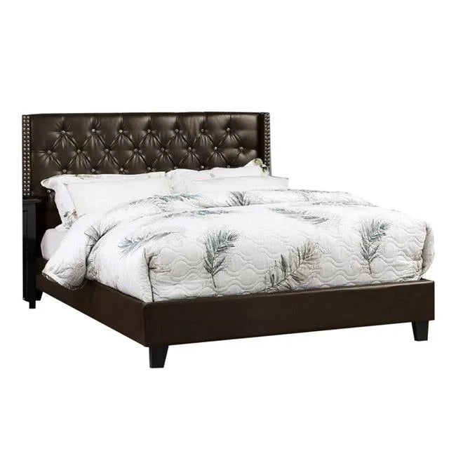 Asu Wood Bed with Nailhead Trim & Faux Leather Upholstered, Brown - Full Size
