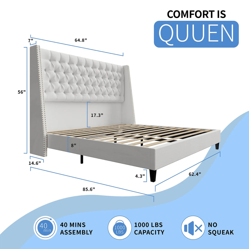 Amerlife Queen Size Nail Button Tufted Wingback Bed Frame, Linen Upholstered Platform Bed with 56" High Wingback Headboard, No Box Spring Needed, White