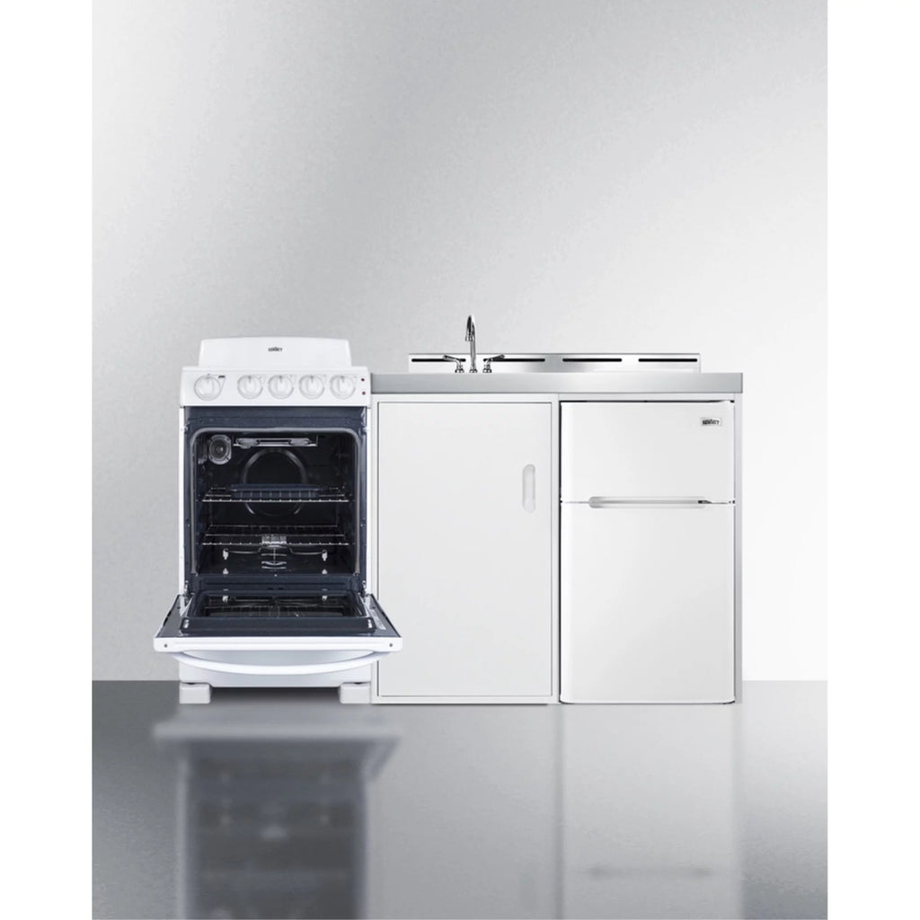All-in-one combination kitchenette with refrigerator-freezer, sink, storage cabinet, and coil range