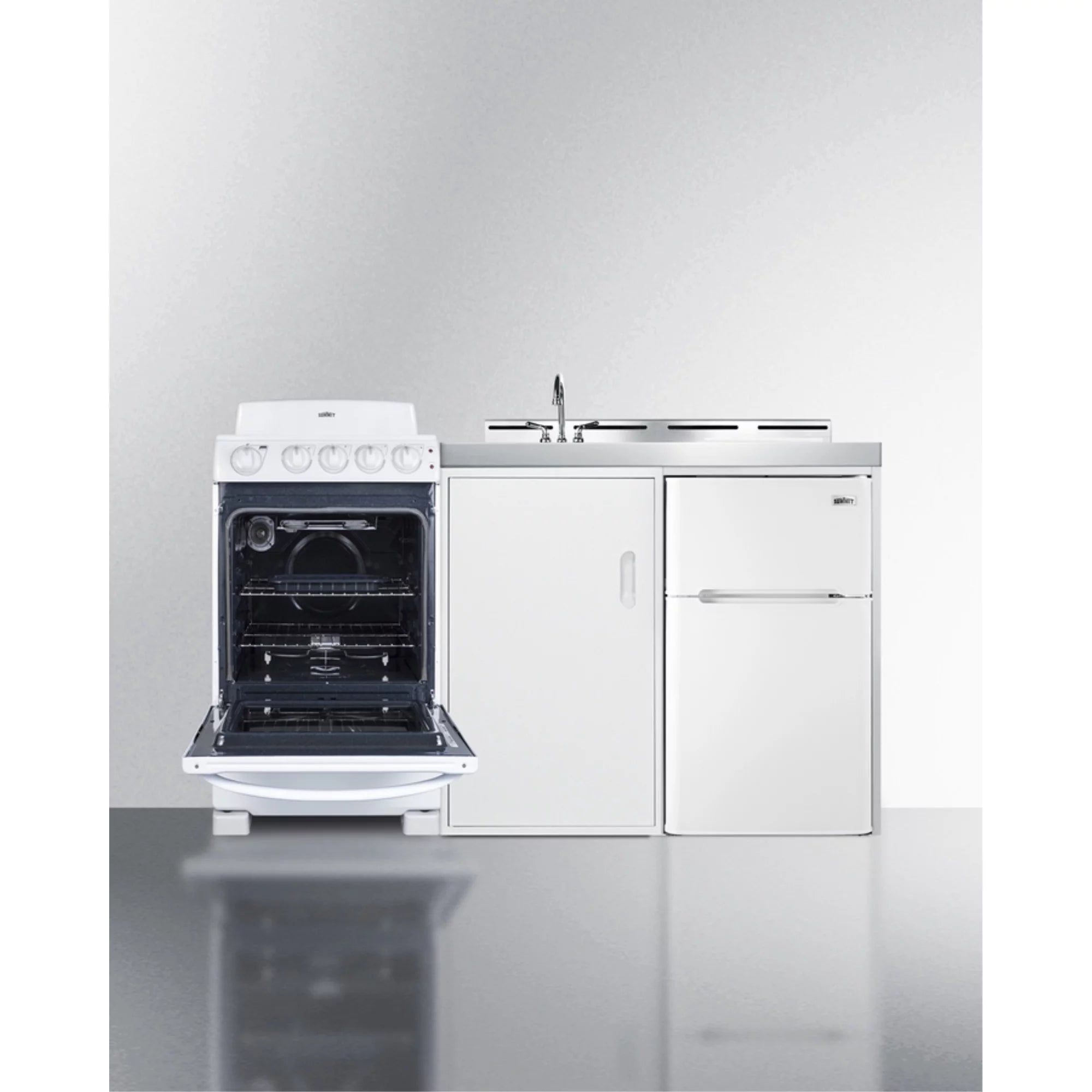 All-in-one combination kitchenette with refrigerator-freezer, sink, storage cabinet, and coil range
