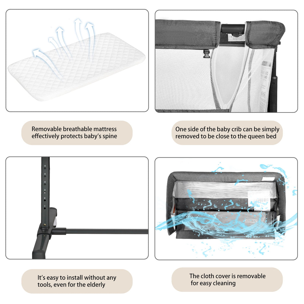 AILEEKISS Baby Bassinet with Wheels Adjustable Bedside Sleeper Bassinet Newborn Baby Crib, Grey