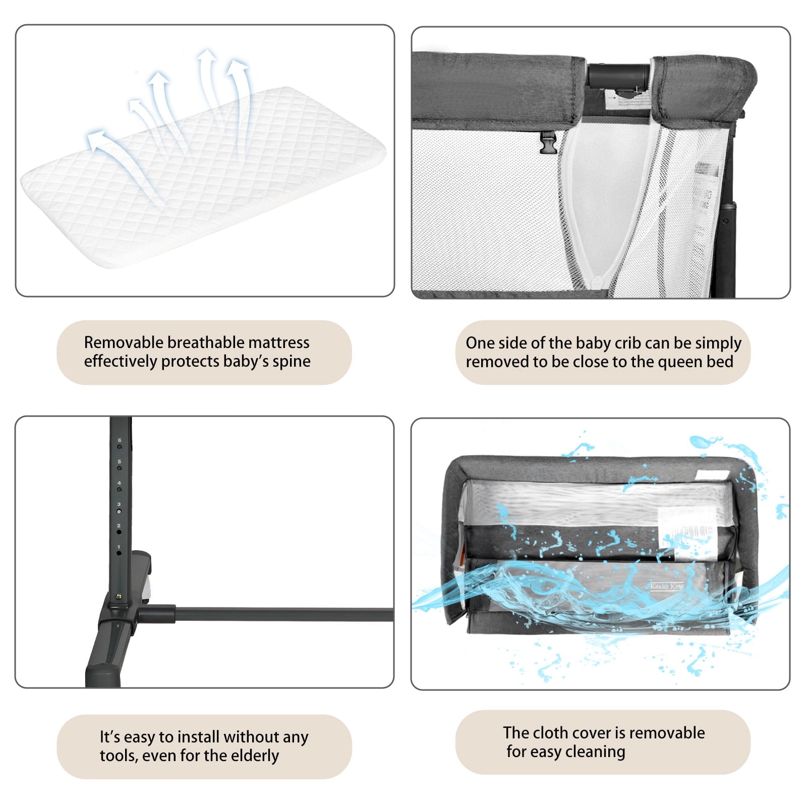 AILEEKISS Baby Bassinet with Wheels Adjustable Bedside Sleeper Bassinet Newborn Baby Crib, Grey