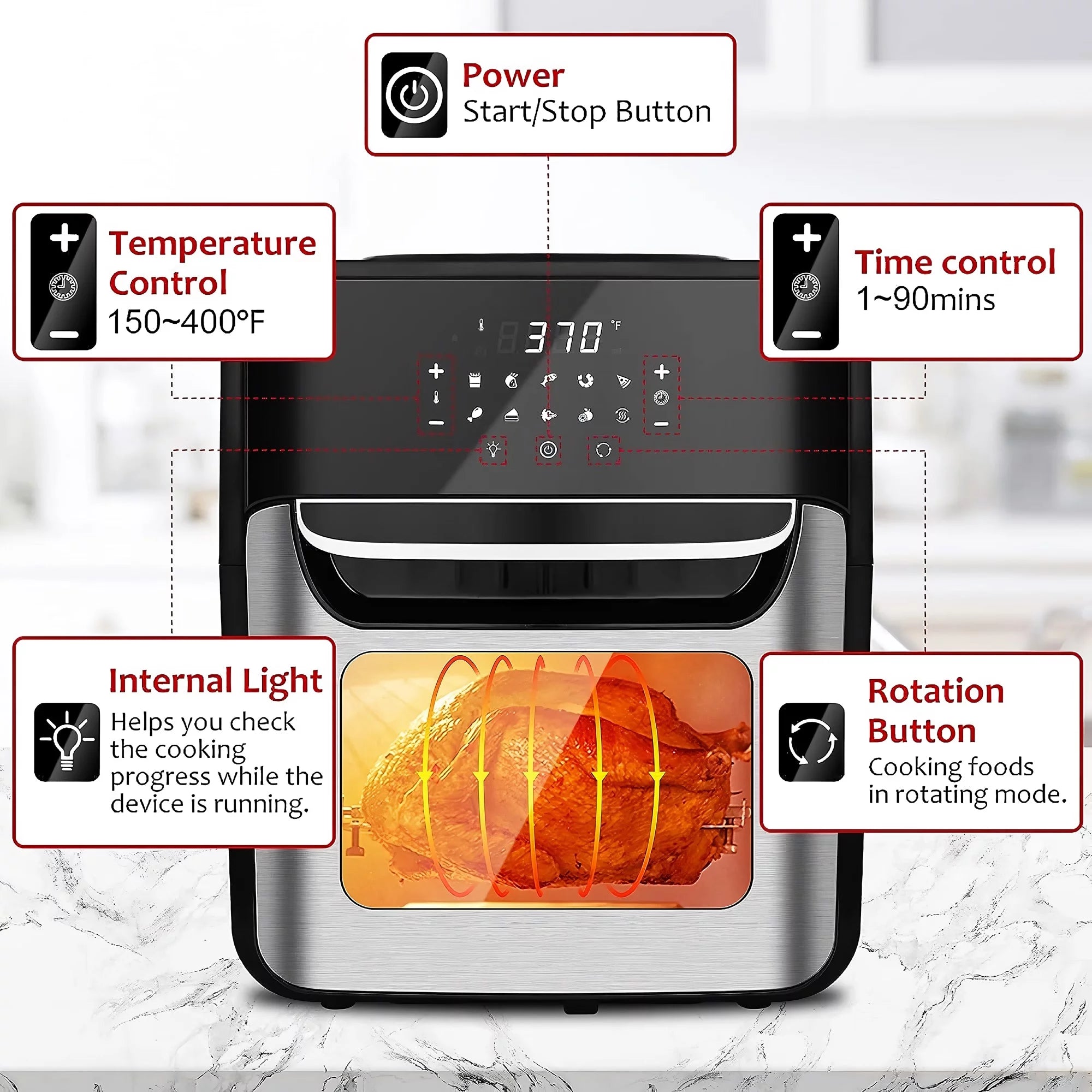 12.7Qt Air Fryer, 1700W Stainless Steel Convection Oven with 10 Preset Cooking Modes, LED Touch Screen, View Window, Accessories