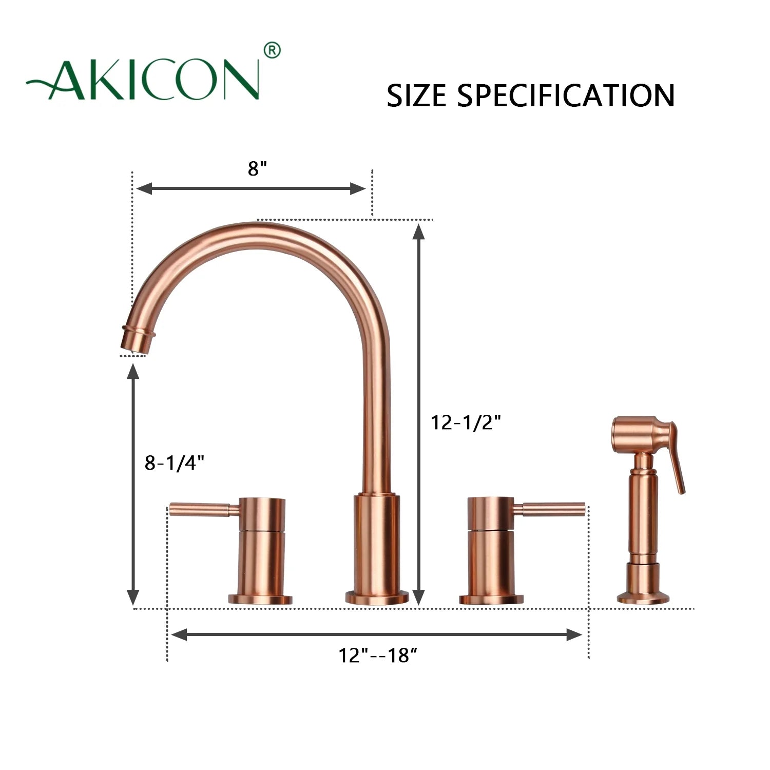 Akicon Two-Handles Copper Widespread Kitchen Faucet with Side Sprayer Copper Copper Finish