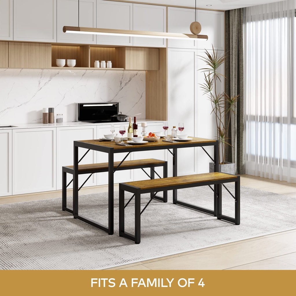 Aiho 45.5" Dining Table Set for 4, Kitchen Table with 1 Table & 2 Benches, Dining Room Set for Small Spaces - Gray