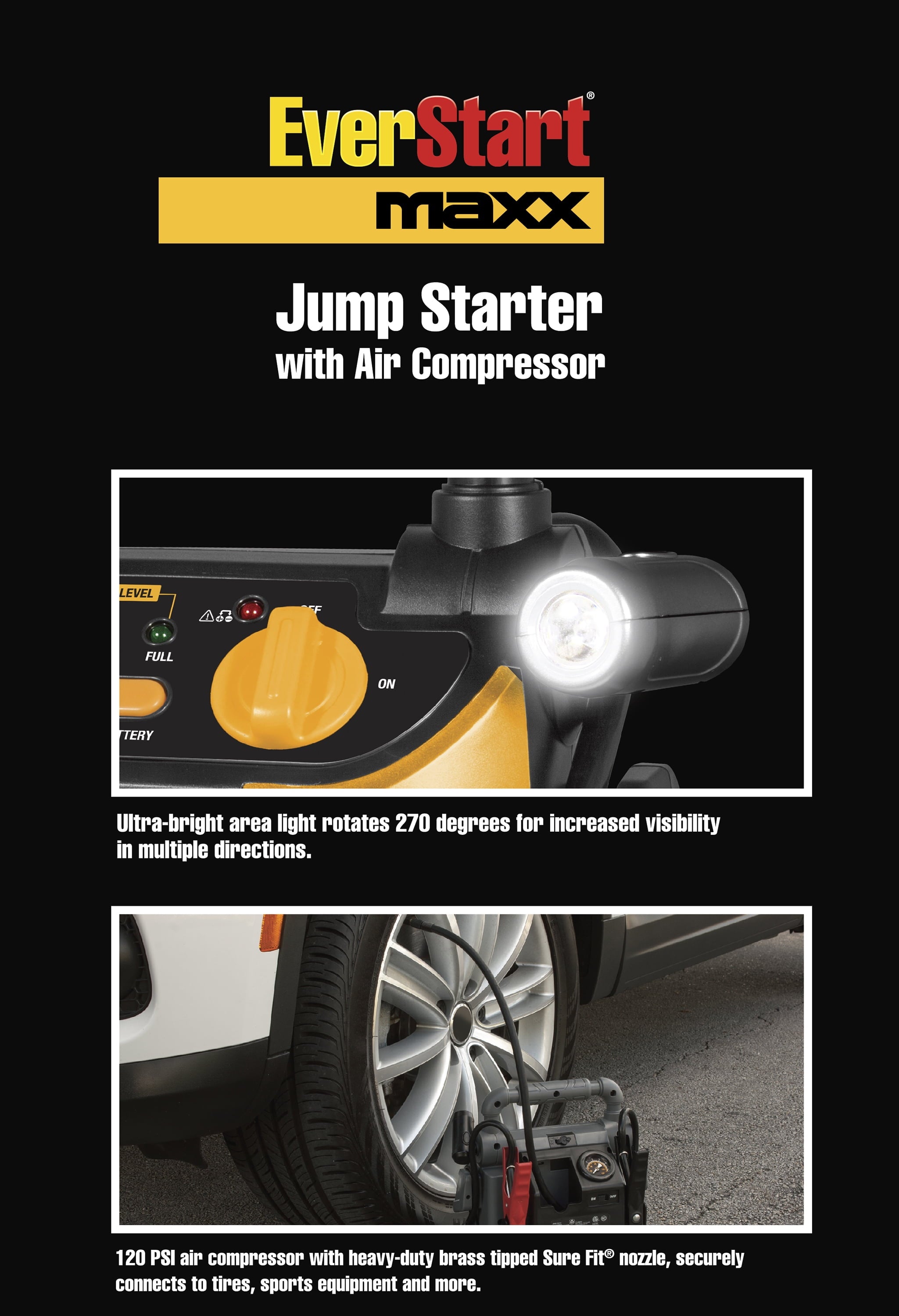 800 Peak Amp Jump Starter w/ 120 PSI Compressor, pivoting LED light, 3X USB ports