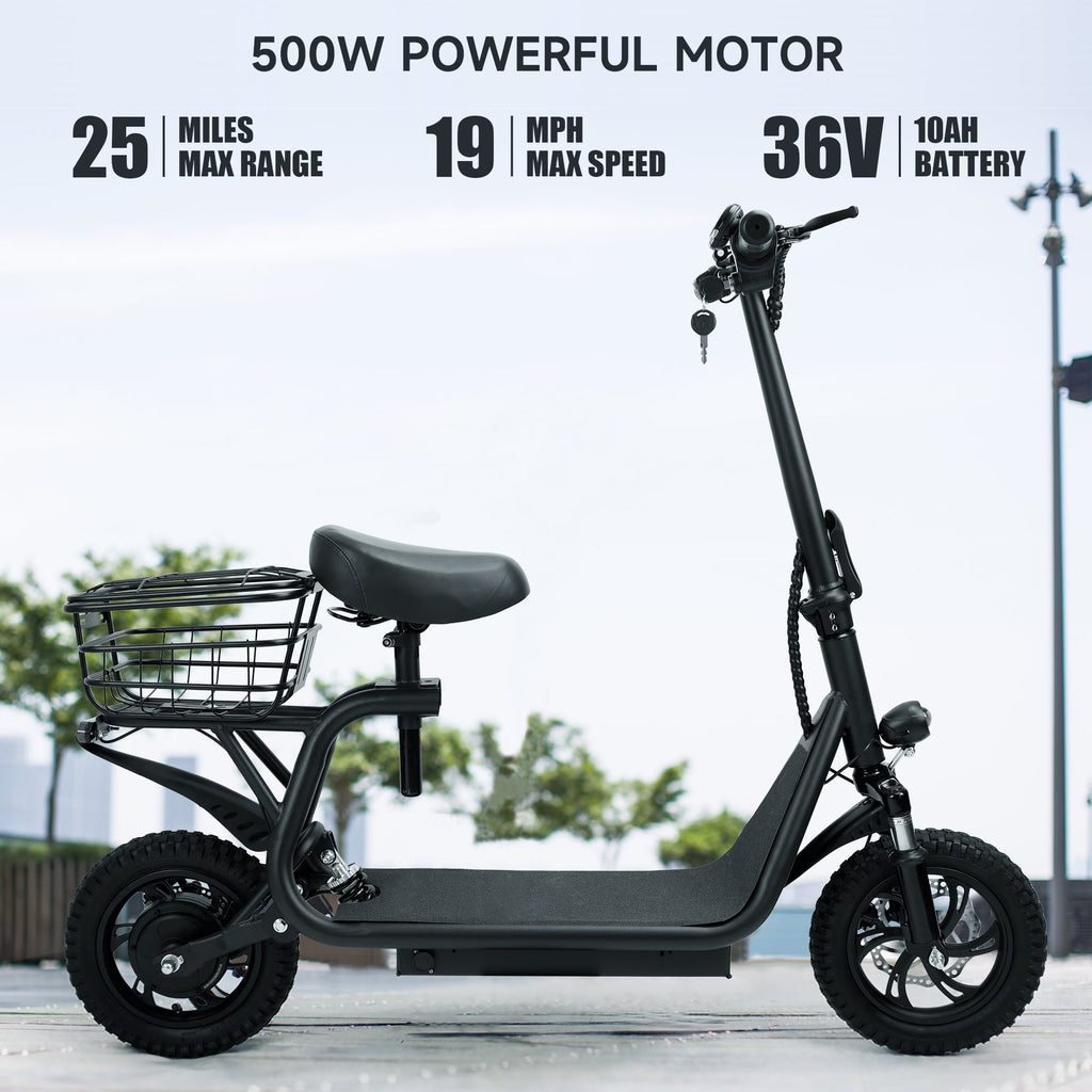 ARTUDATECH 500W Adult Shock Absorption Electric Scooter with Seat 12" Commuter Electric Scooter With Carry Basket - Up to 25 Miles 18.6MPH