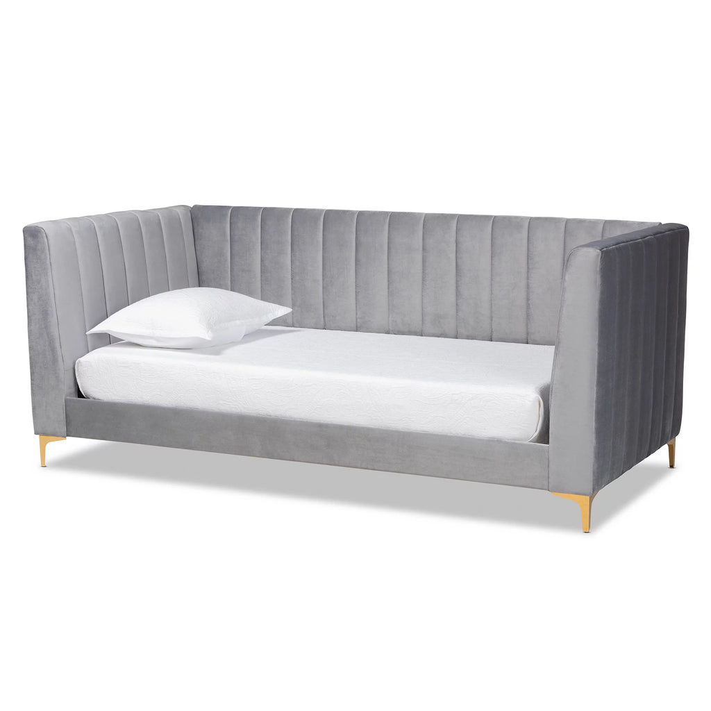 Baxton Studio Oksana Modern Contemporary Glam and Luxe Light Grey Velvet Fabric Upholstered and Gold Finished Twin Daybed