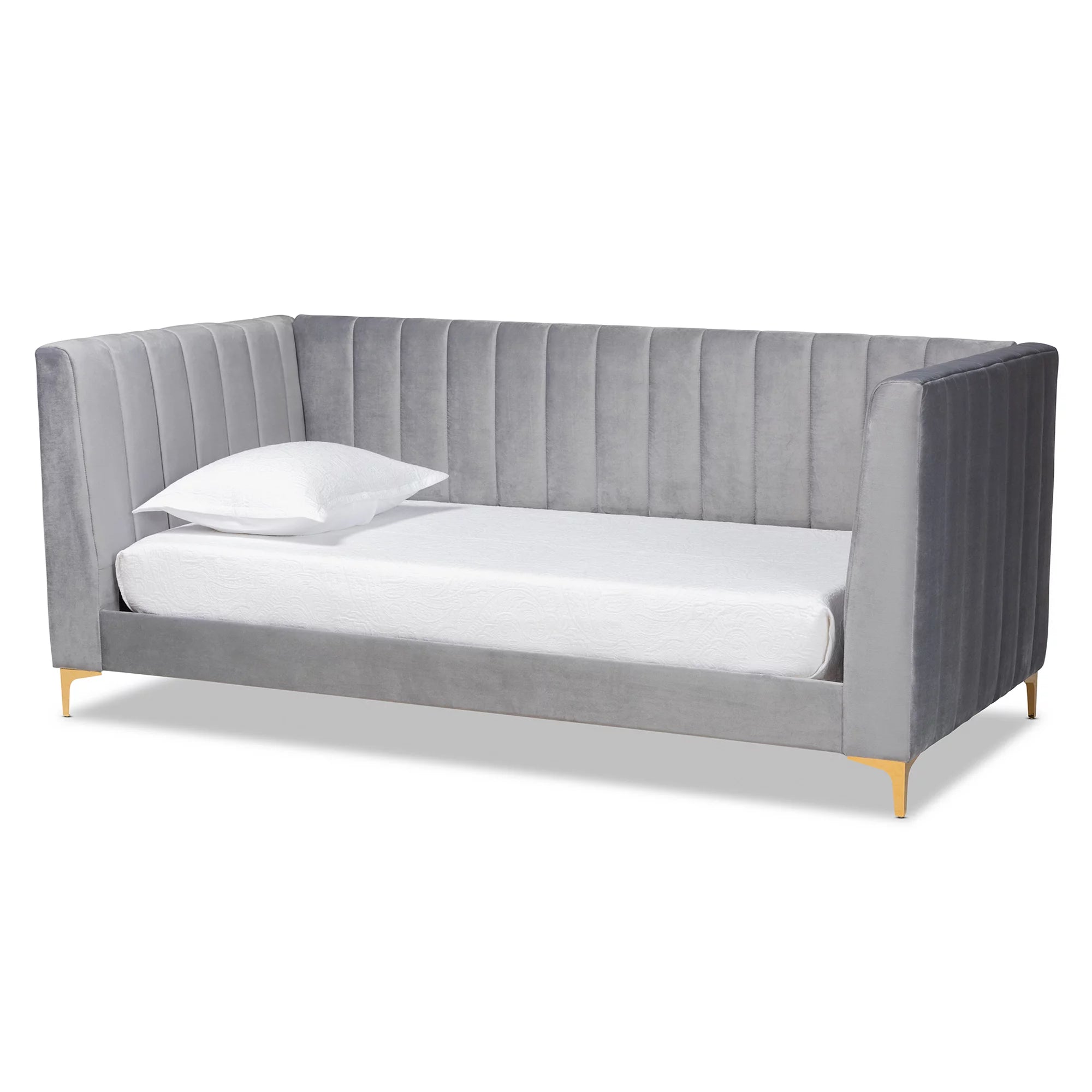 Baxton Studio Oksana Modern Contemporary Glam and Luxe Light Grey Velvet Fabric Upholstered and Gold Finished Twin Daybed