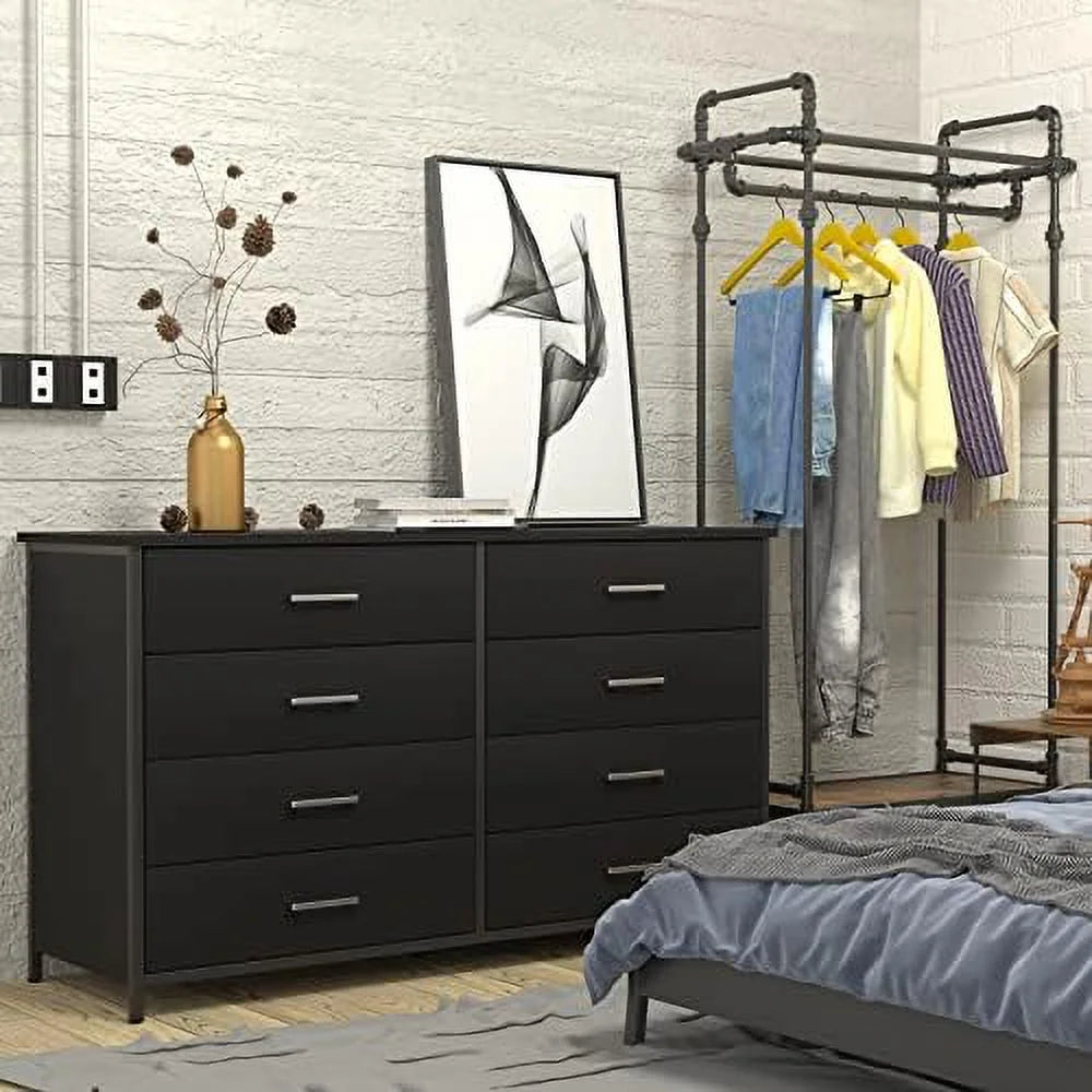 8 Drawer Dresser for Bedroom  Industrial Wood Dresser Wide 8 Chest of Drawers  Wooden  Organizer Dresser with Sturdy Steel Frame (Black)