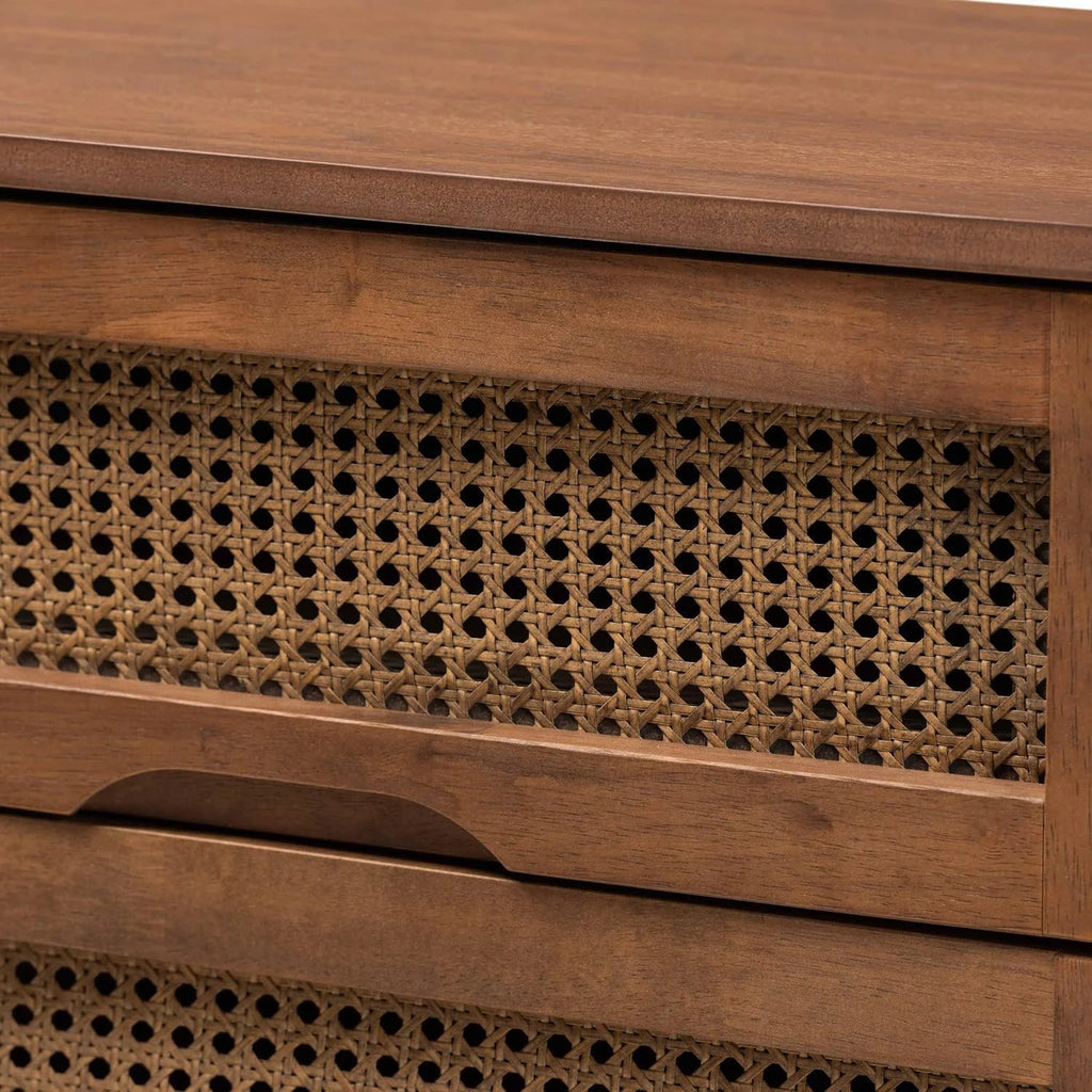 Barrett -Century Modern Walnut Brown Finished Wood And Synthetic Rattan 6-Drawer Dresser