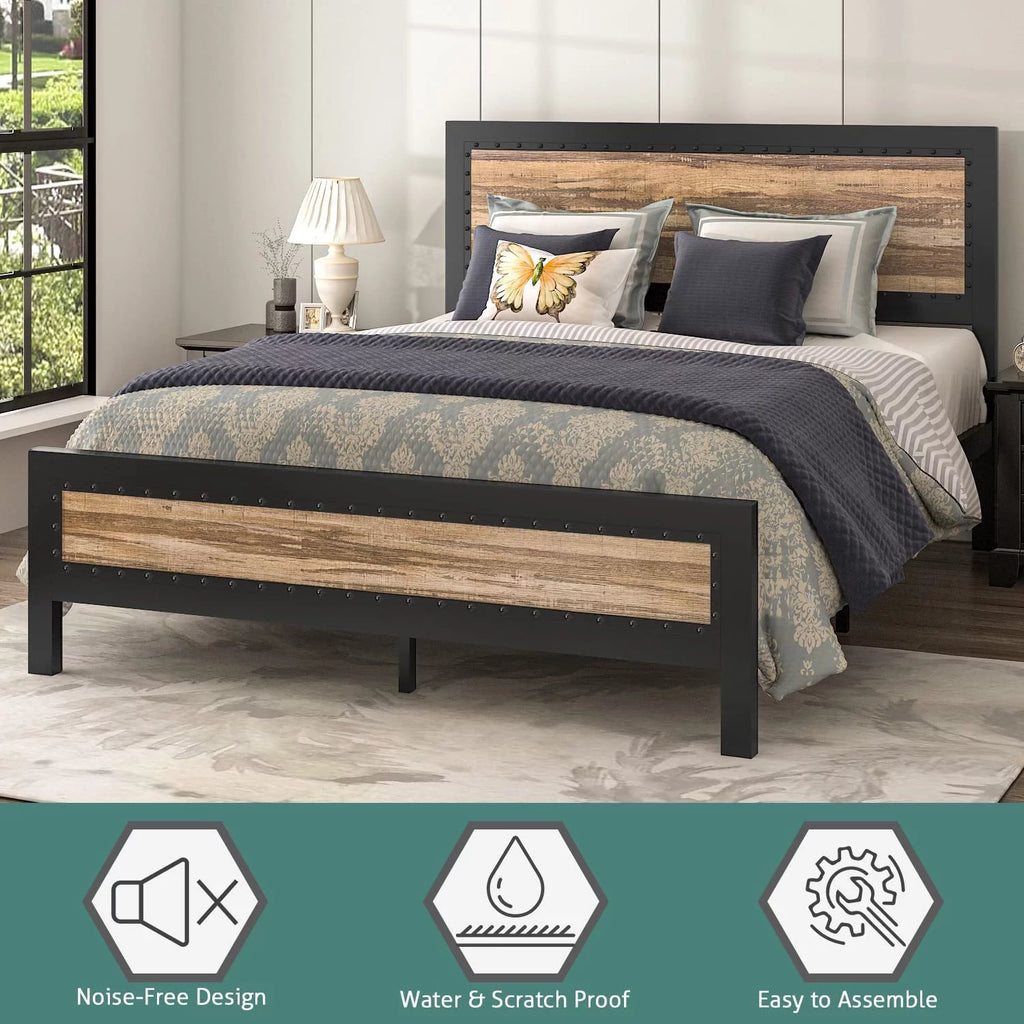 Allewie Brown Queen Size Metal Platform Bed Frame with Rivet Headboard and Black Frame, Industrial Wooden Headboard