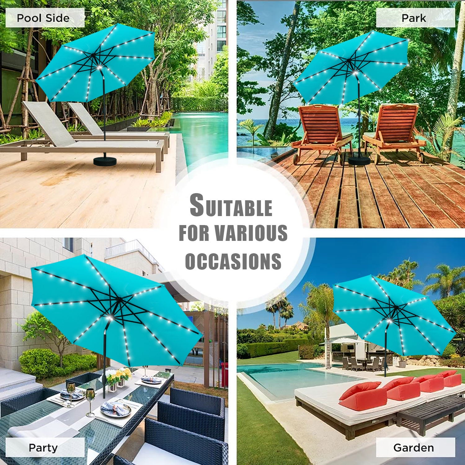 Autlaycil 10 ft Solar Patio Umbrellas with 40 LED lights for Market Outdoor Pool, Steel Tilt Crank, Navy Blue