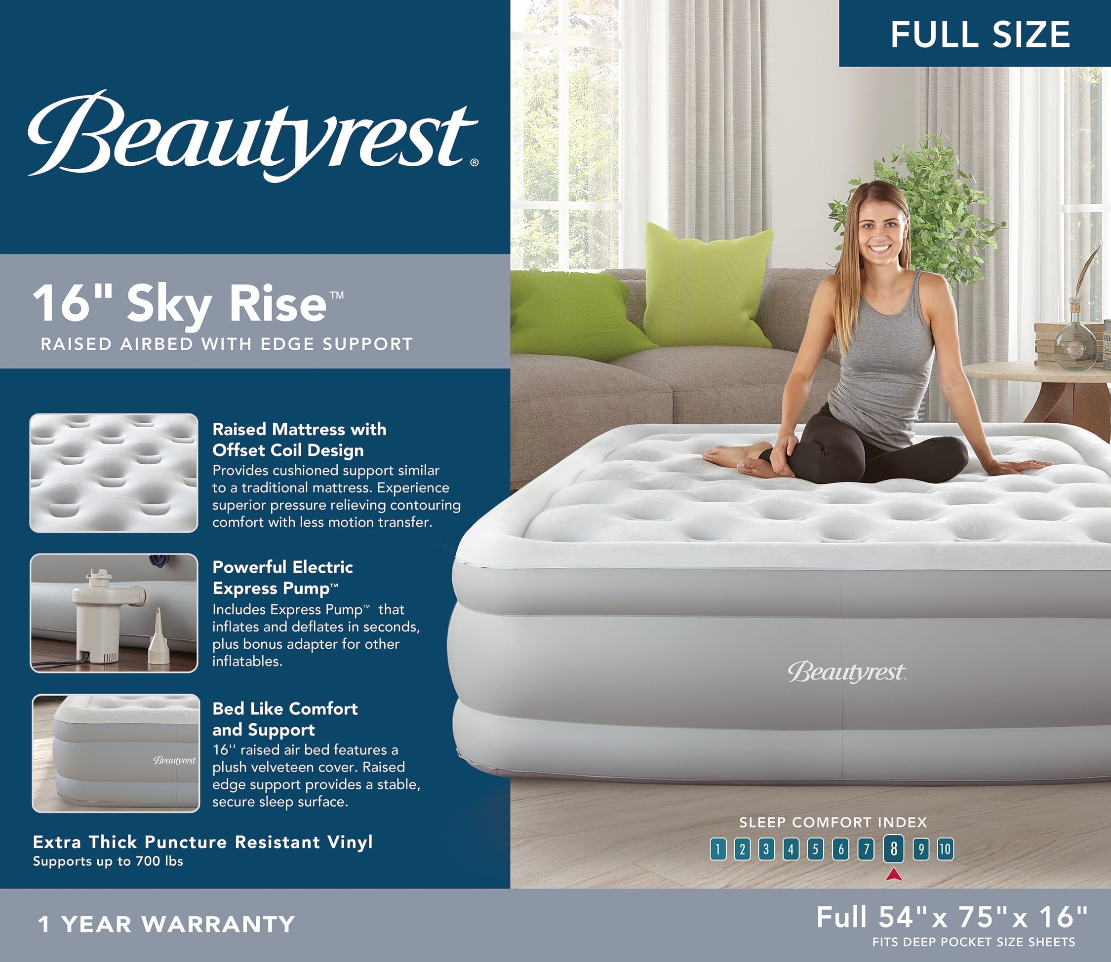 Beautyrest Sky Rise 18" Queen Air Bed Mattress, Raised Inflatable Blow-up Bed, Powerful Pump, Adjustable Firmness