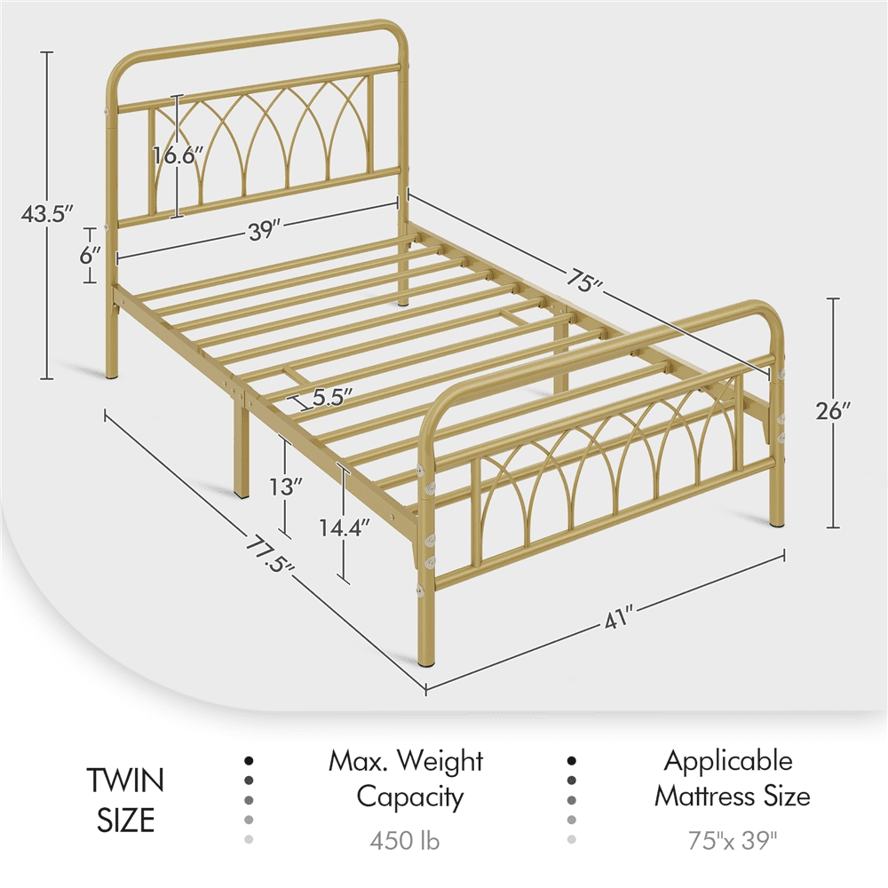 Alden Design Metal Platform Bed Frame with Headboard and Footboard, Twin, Antique Gold