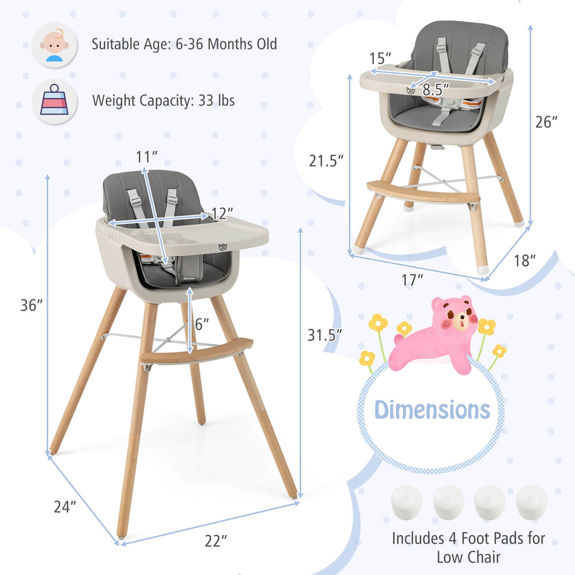 Babyjoy 3 in 1 Convertible Wooden High Chair Toddler Feeding Chair with Cushion Beige