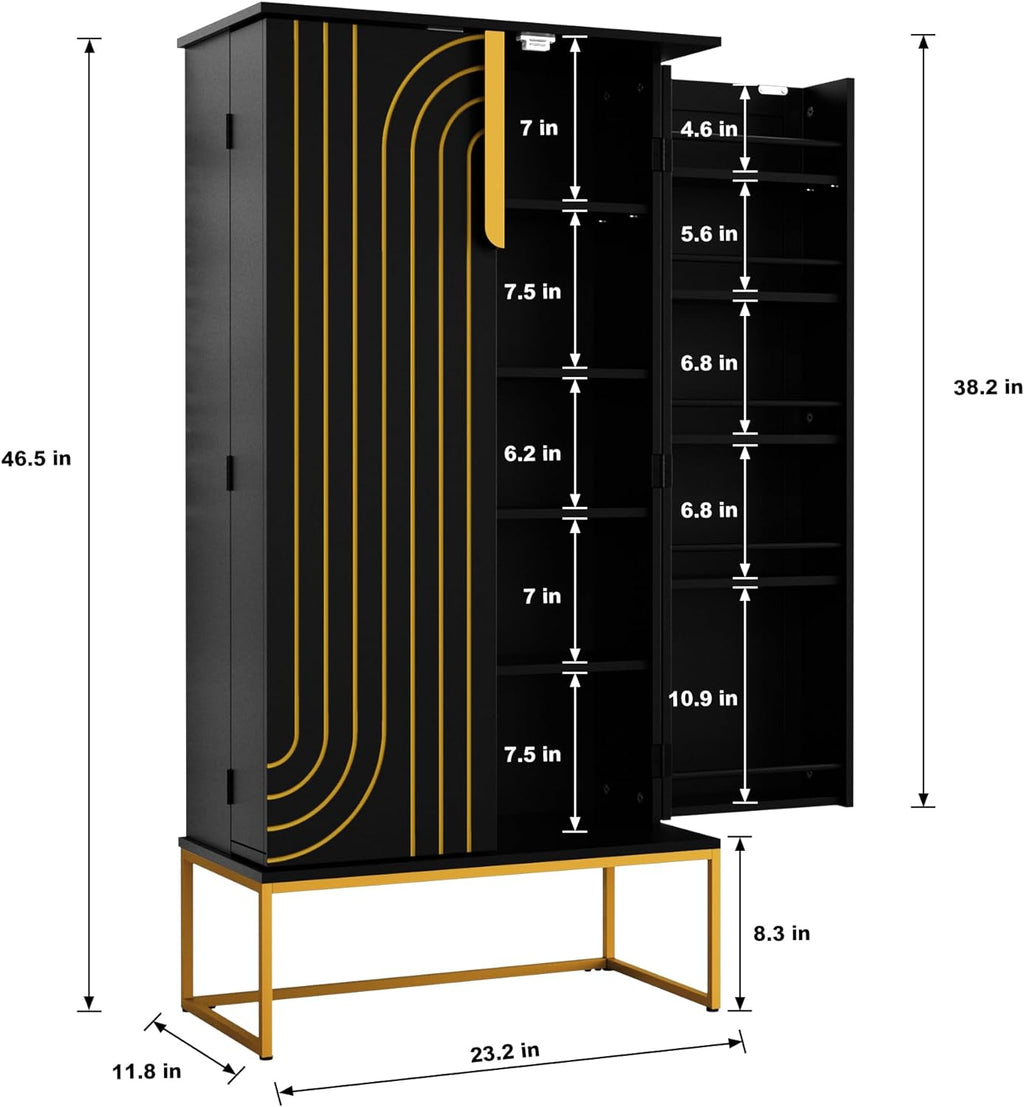 46.5'' Accent Wood Kitchen Pantry with Doors, Storage Cabinet with Adjustable Shelves, Food Pantry Cabinet for Kitchen, Dining Room, Living Room and Garage, Metal Legs,Black
