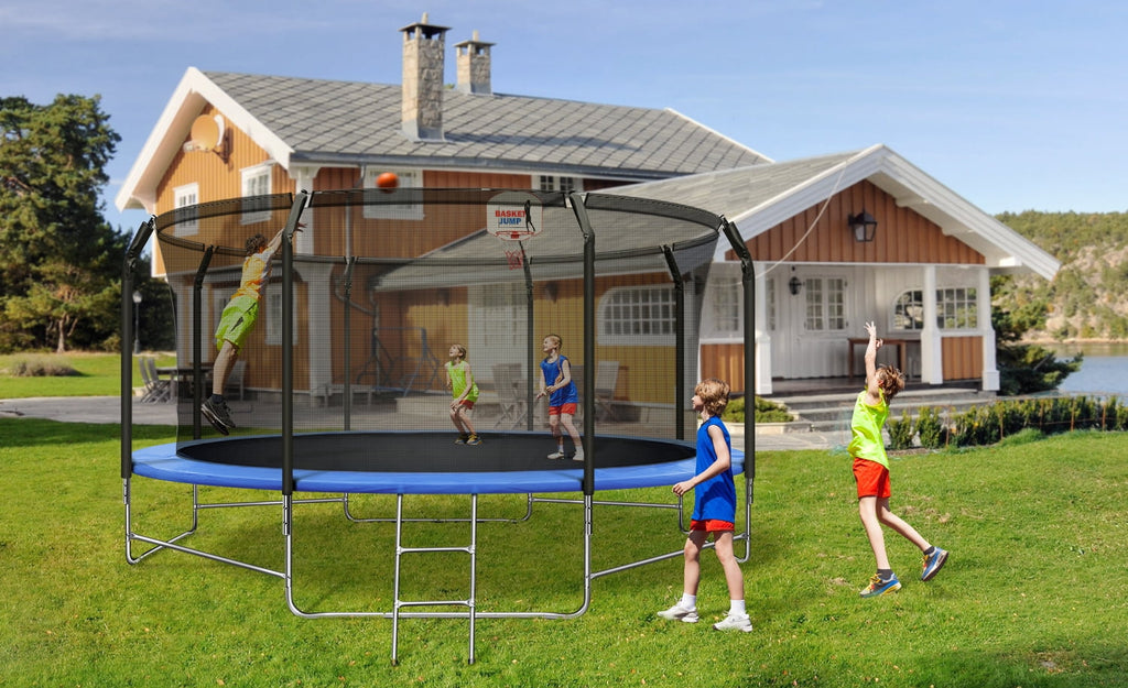 14FT Trampoline for Kids, Trampoline with Basketball Hoop&Safety Enclosure Net, 880LBS Capacity 4 Kids, Waterproof Mat and Ladder, Outdoor Backyard Trampoline