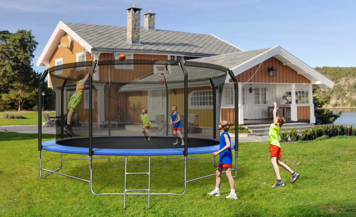 14FT Trampoline for Kids, Trampoline with Basketball Hoop&Safety Enclosure Net, 880LBS Capacity 4 Kids, Waterproof Mat and Ladder, Outdoor Backyard Trampoline