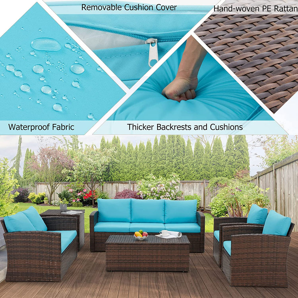 AECOJOY 6 Pieces Outdoor Furniture Set , Patio Rattan Wicker Sectional Sofa Conversation Set, Beige