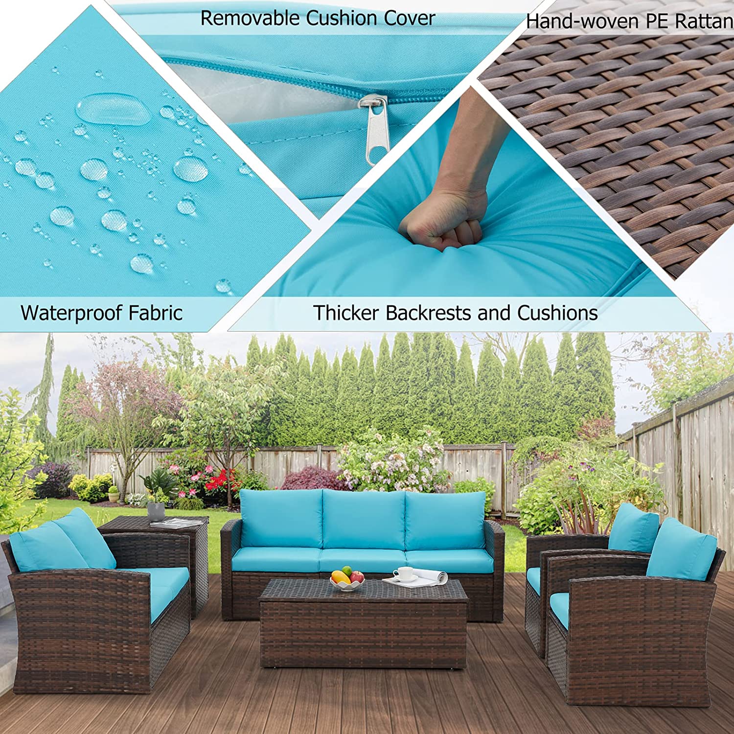 AECOJOY 6 Pieces Outdoor Furniture Set , Patio Rattan Wicker Sectional Sofa Conversation Set, Beige