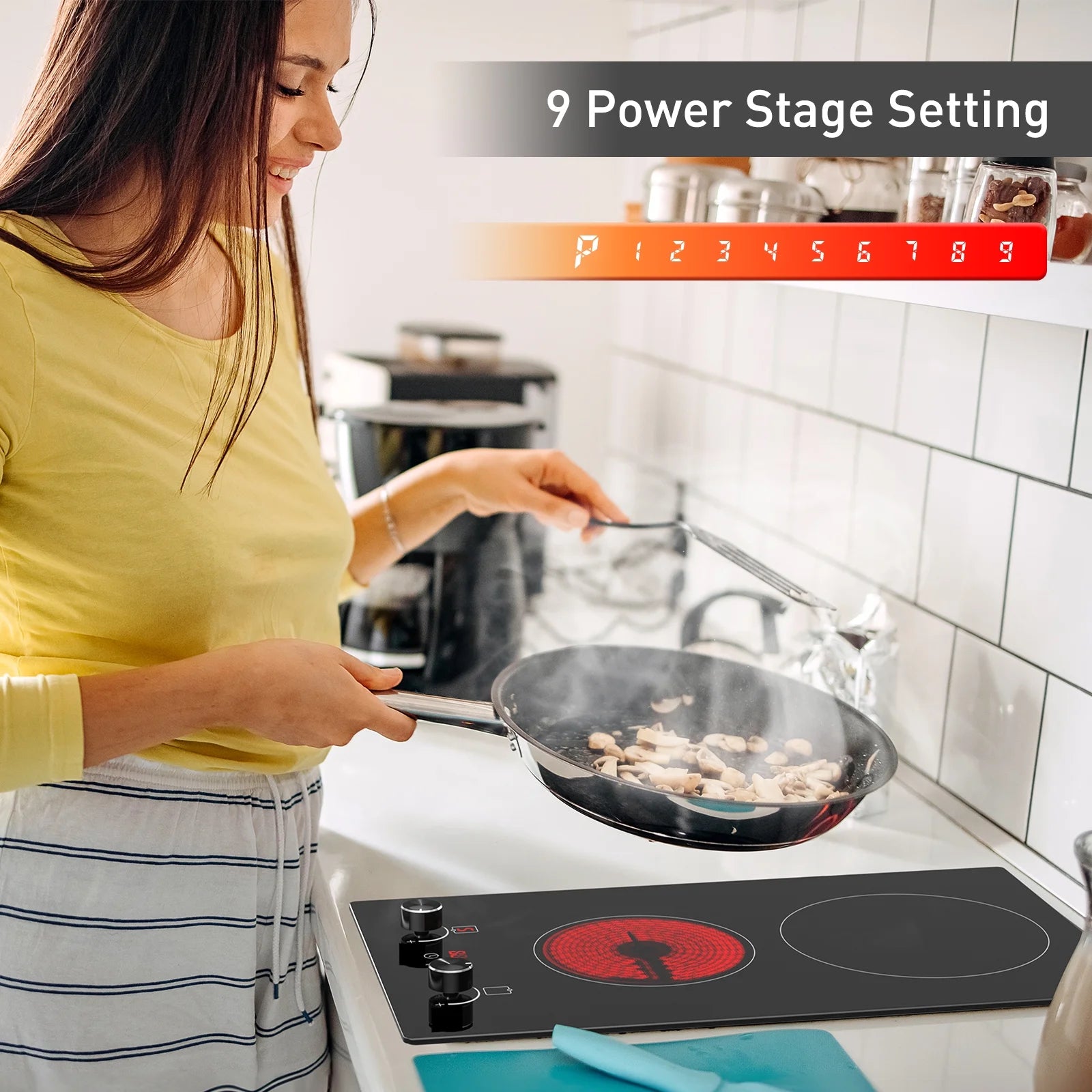 12 Inch Electric Ceramic Cooktop with Knob Control, Built-in 2400W Dual Cooker Electric Stove Tops, 2 Burners Range Top 220V, Child Safety Lock & Timer, Sensor Touch Control, 9 Power Levels