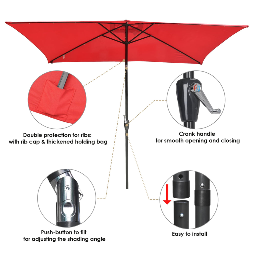 10x6.5ft Rectangle Outdoor Patio Beach Market Aluminium Umbrella Sun Shade Solar Powered Led Light Crank Tilt (Red)