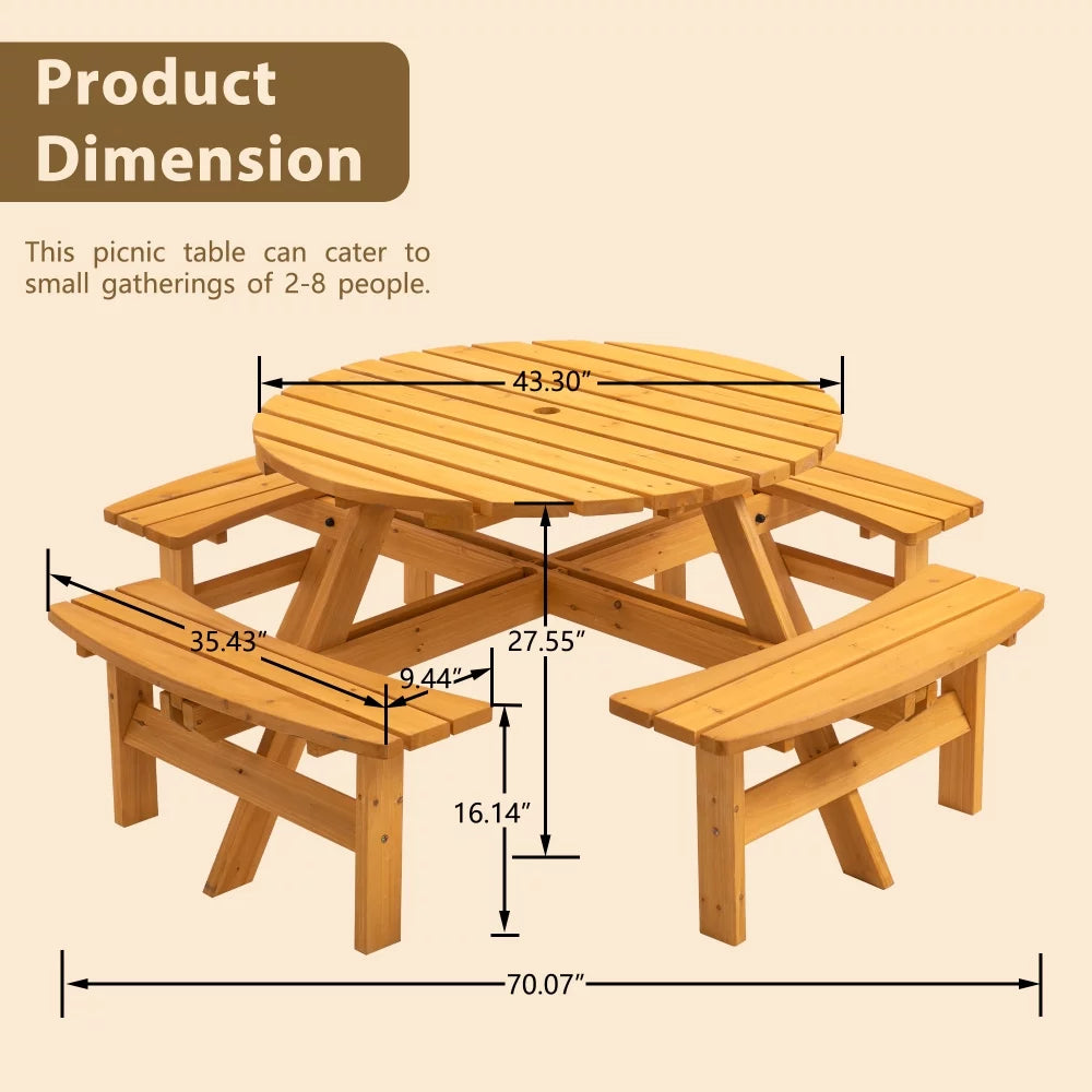 8-Person Circular Outdoor Wooden Picnic Table for Patio, Backyard, Garden, DIY w/ 3 Built-in Benches, 2000lb Capacity - Natural