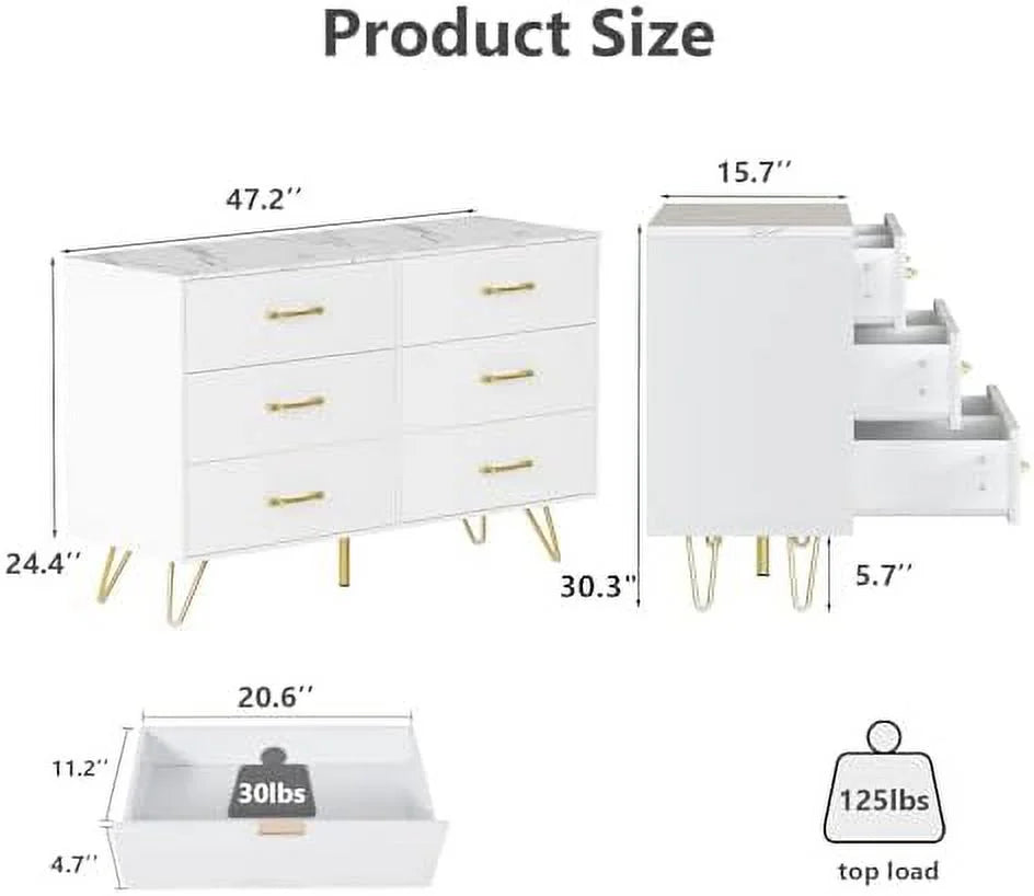 6 Drawer Dresser for Bedroom  White Dresser   Large Double Dresser with Faux Marble Top and Wide Drawers   Organizer Dresser  Chests of Drawers for Hallway  Living Room  Bedroom